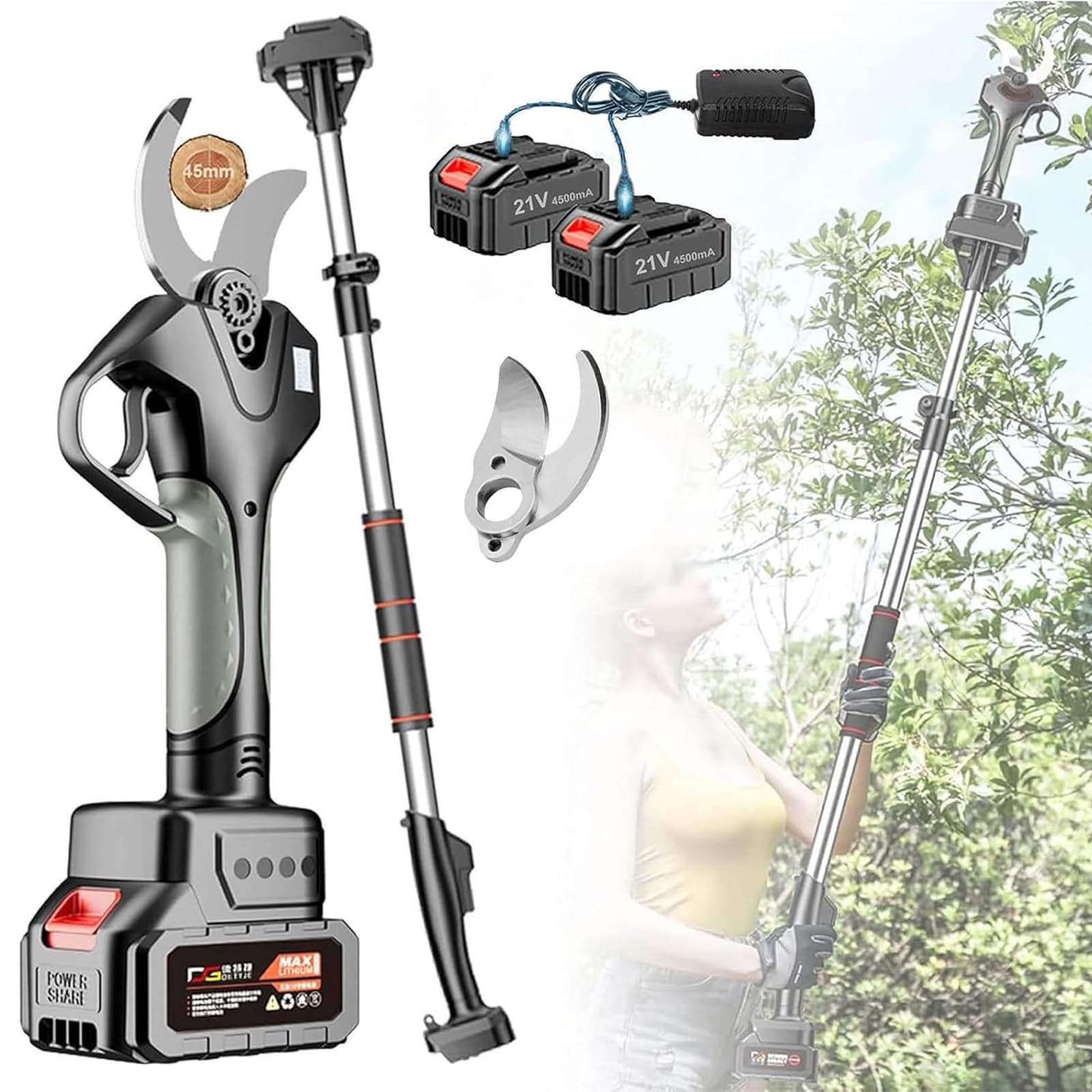 Tijeras electricas para podar sin Cable,Tijera de podar Eléctrico de 45mm Podadora de Flores Podar con Pértiga de extensión,2X 4.5Ah Batería Recargable y 2 Hojas de Repuesto,WithExtensionRod