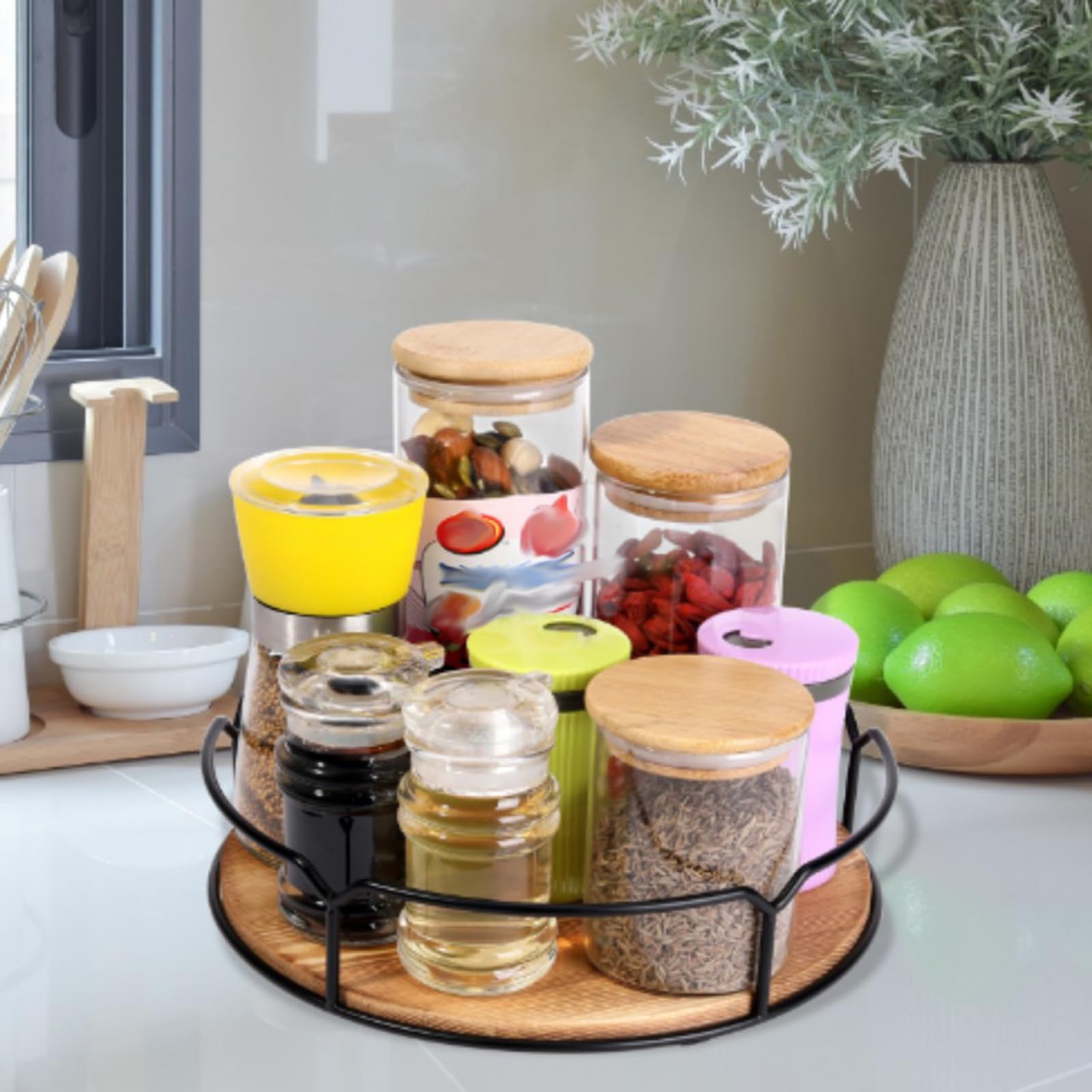 Plateau tournant à épices rotatif à 360° antidérapant Lazy Susan, étagère à épices Lazy Susan, étagère de rangement en bois, avec bord supérieur pour le rangement des épices, armoire, salle de bain