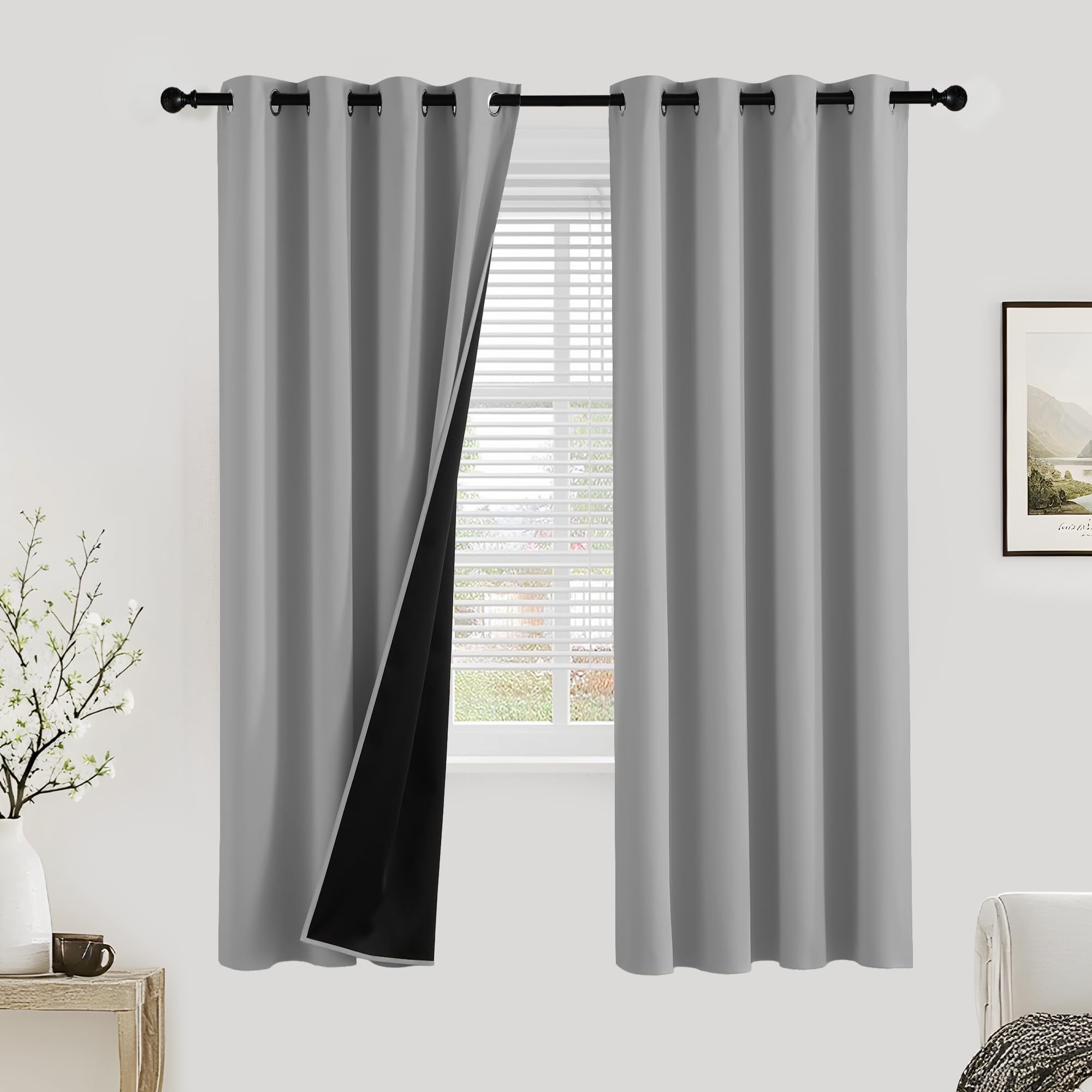 PONY DANCE 100% Blackout Curtains for Bedroom - Thermal Full Blackout Eyelet Curtains & Drapes Heat and Light Blocking Panels for Living Room with Black Liner 2 Pcs, 46 x 72 Inch, Silver Grey — image 1