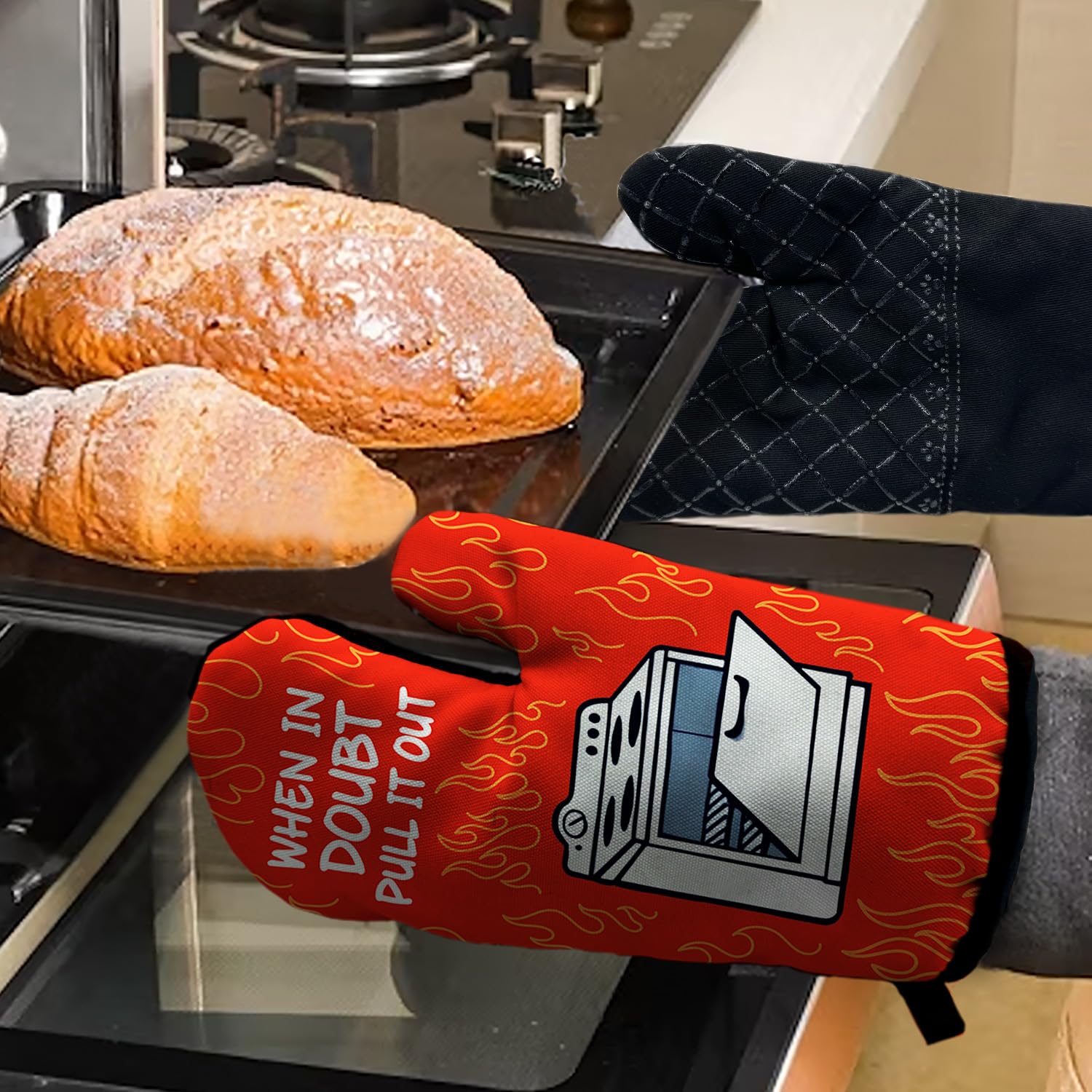 'When in Doubt Pull It Out' zabawne rękawice kuchenne z pętelką do zawieszania i silikonowym antypoślizgowym, dla kobiet i mężczyzn przybory kuchenne do pieczenia 2-częściowy zestaw, prezenty dla