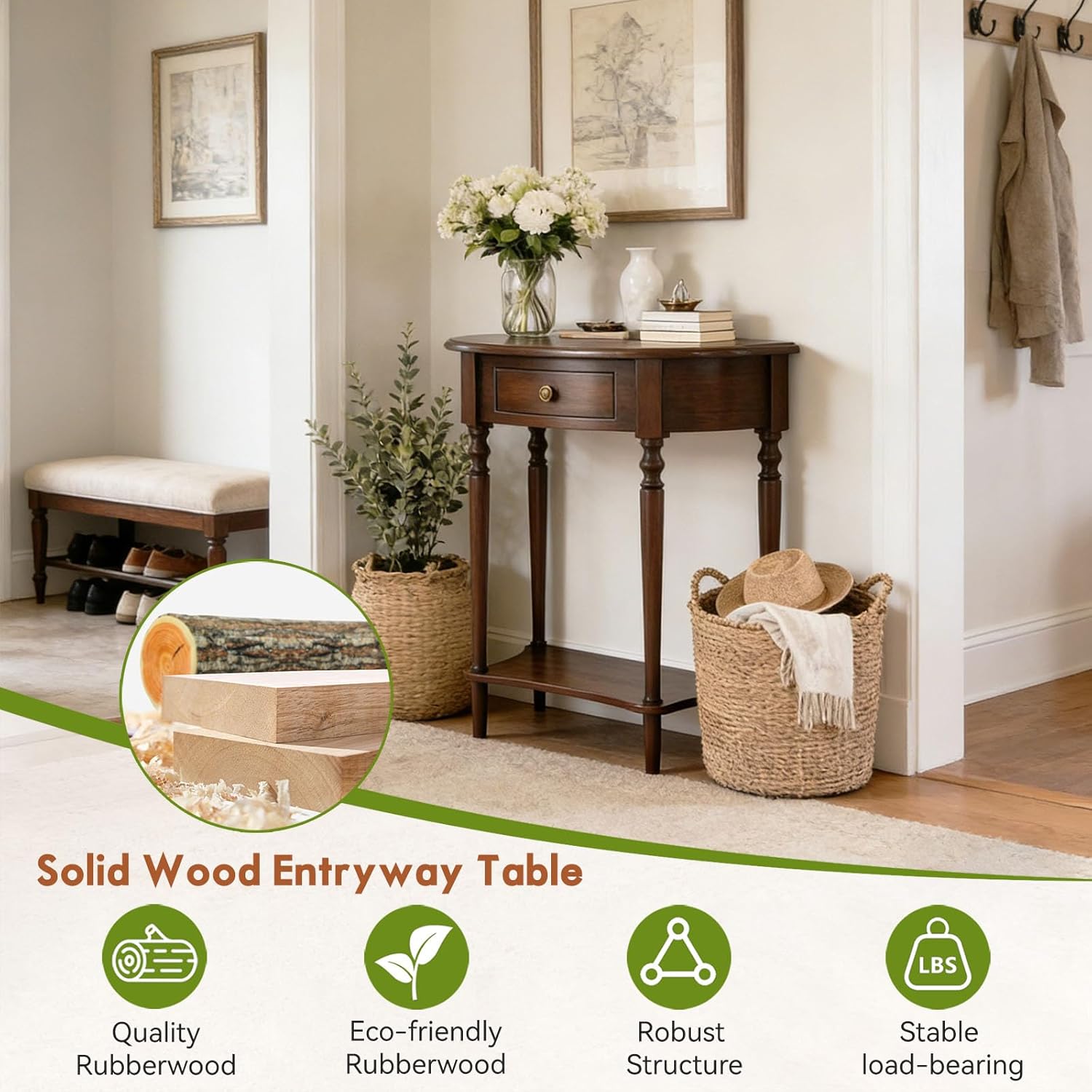 Half Moon Console Table Solid Wood Vintage Entryway Table with Storage Drawer Small Hallway Table for Entryway Half Round Foyer Tables Walnut Entry Way Tables For Entrance (Walnut, W-31.5")