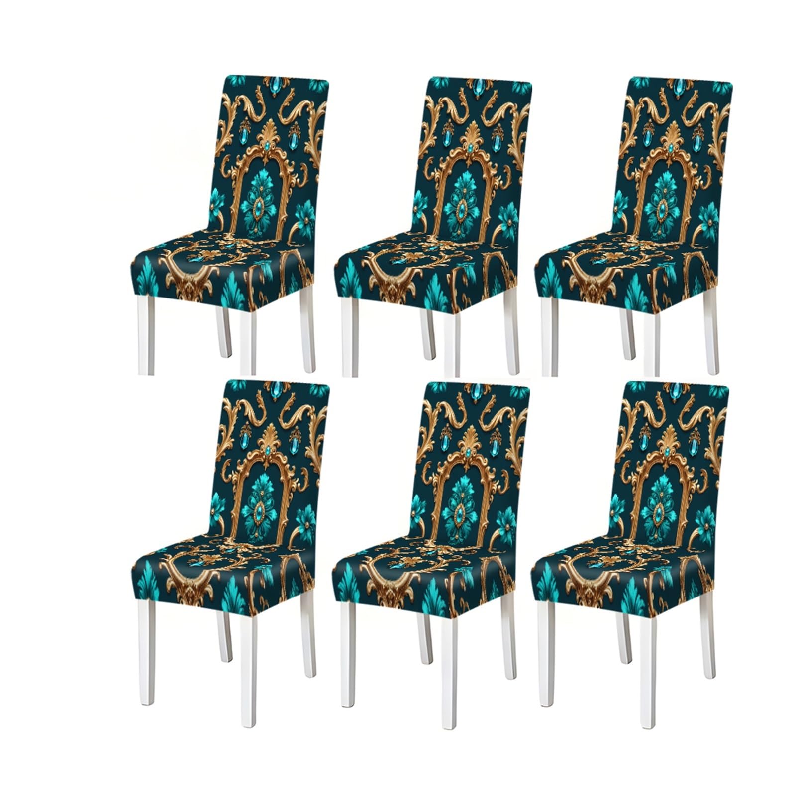 BOSUYBN Teal Gold Baroque Jewel Print Stretch Dining Chair Covers For Kitchen Dining Living Room Luxury, 2/4/6PCS Furniture Protectors for Home Dining Room(6PCSChair cover)