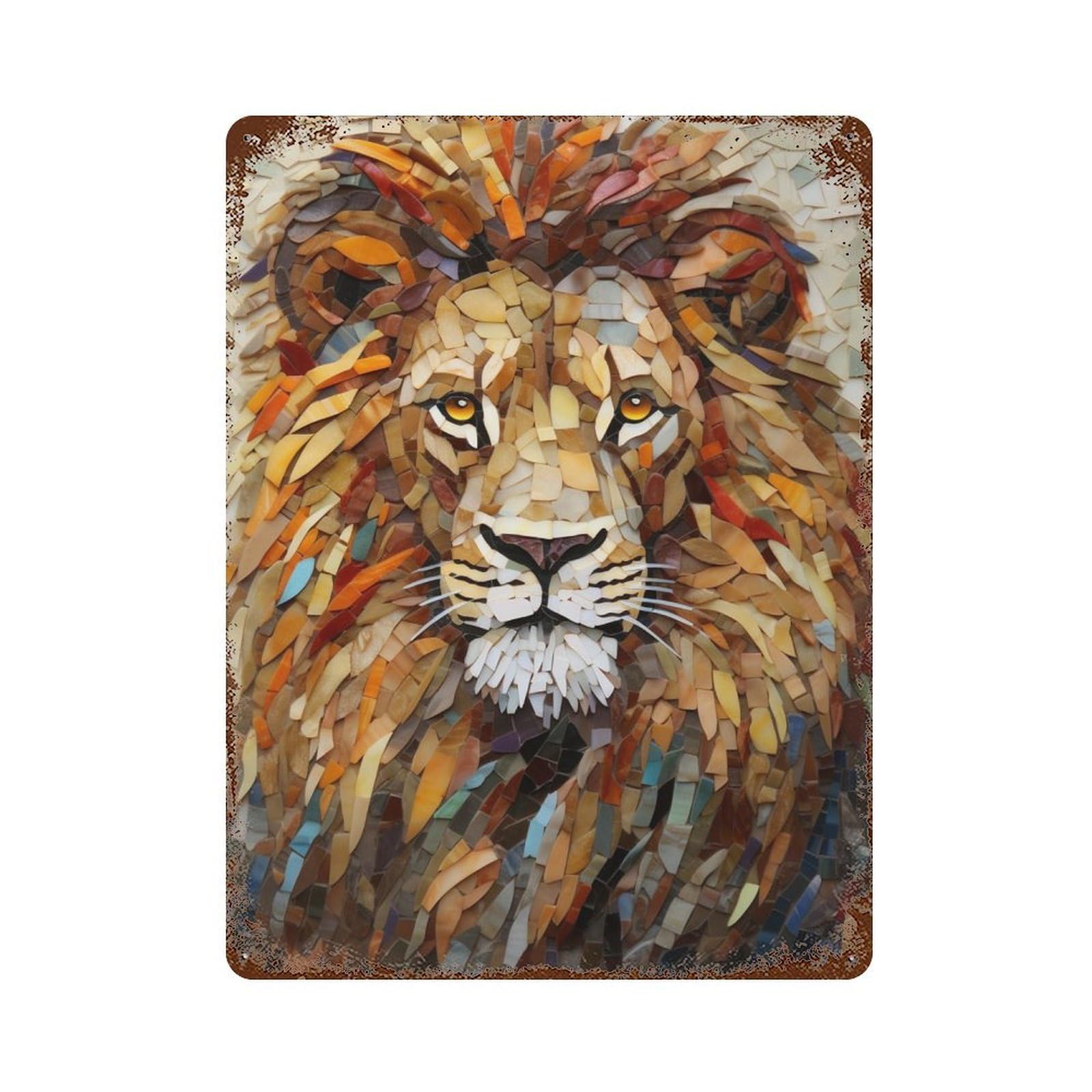 Stunning Lion Mosaic Artwork Vintage Rust Metal Sign 15.7"x11.8", Classic Wall Plaque for Basement, Hobby Room And Garage Decor