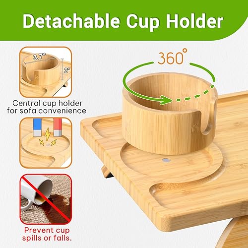 Miniatura 2 de FANGSUN Bandeja de brazo para sofá, bandeja de brazo de sofá con soporte para tazas, mesa de reposabrazos con clip para sofá, bandeja de