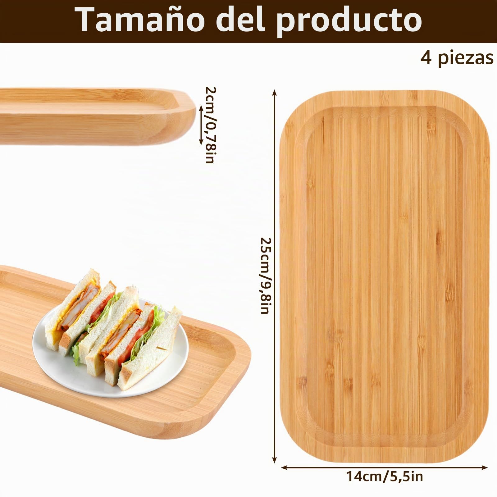 Pack de 4 Bandeja Bambú y Bandeja Madera Rectangular 25 x 14 x 2 cm, Set para Servir Café, Té, Postres y Aperitivos, Bandejas Pequeñas para Cocina, Baño y Decoración de Mesa