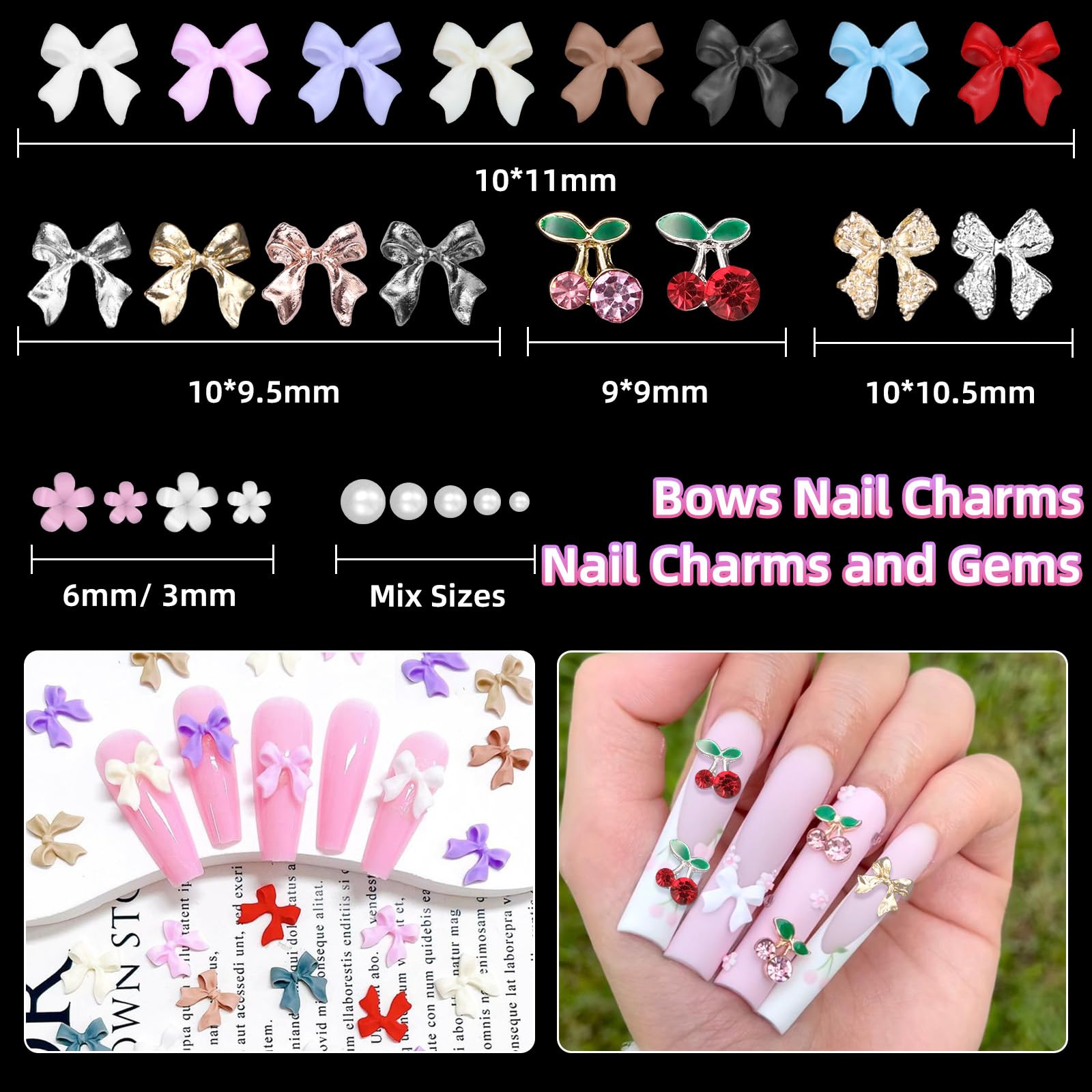 3D Bows Nail Charms and Gems, Color Bows for Nails Bow Tie Nail Art Charms Silver Gold Nail Bows Metal Bows Nail Charms, Alloy Bowknots Cherry Nail Gems Flowers Nail Art Supplies