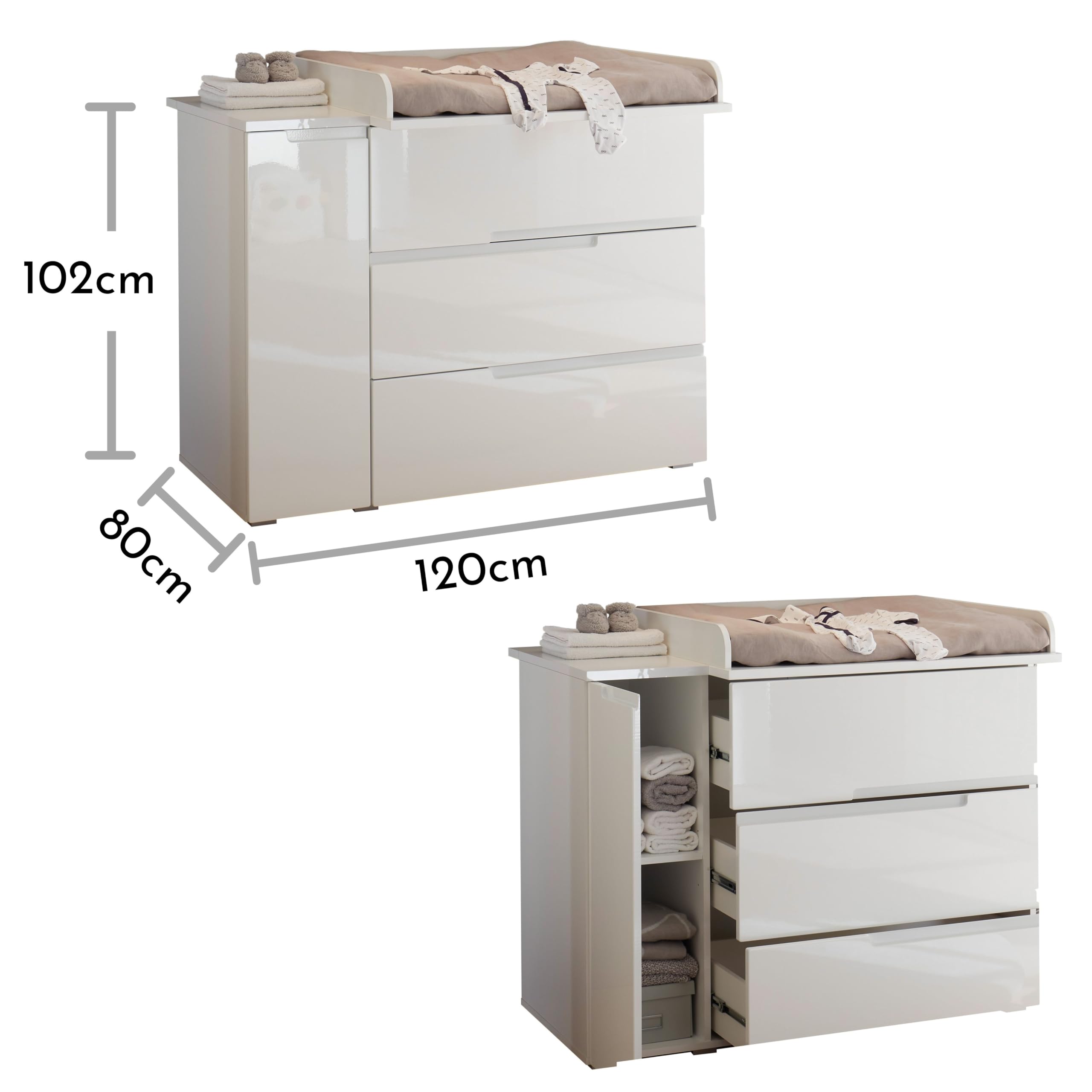 SPICE Wickelkommode inklusive Wickelaufsatz Weiß Hochglanz Wickeltisch | 120 x 102 x 80 cm (B/H/T), 1 Tür mit Boden, 3 Schubkästen, Griffmulden, Babyzimmer