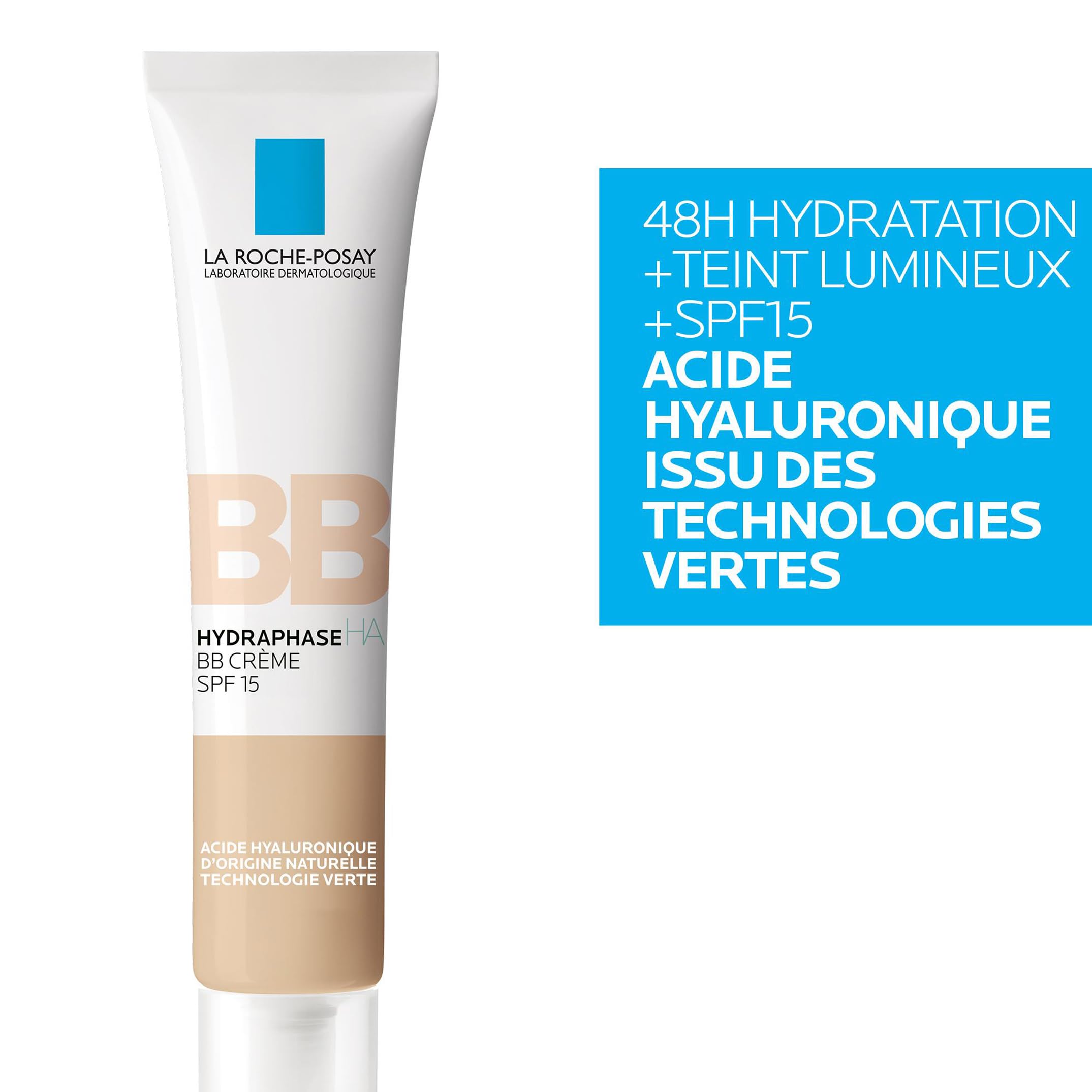 La Roche-Posay, Hydraphase, BB Crème SPF15, Hydrate & Unifie, Enrichie en Acide Hyaluronique d'Origine Naturelle et Pigments Minéraux, Pour Tous Types de Peau, Teinte : Claire, 40 ml