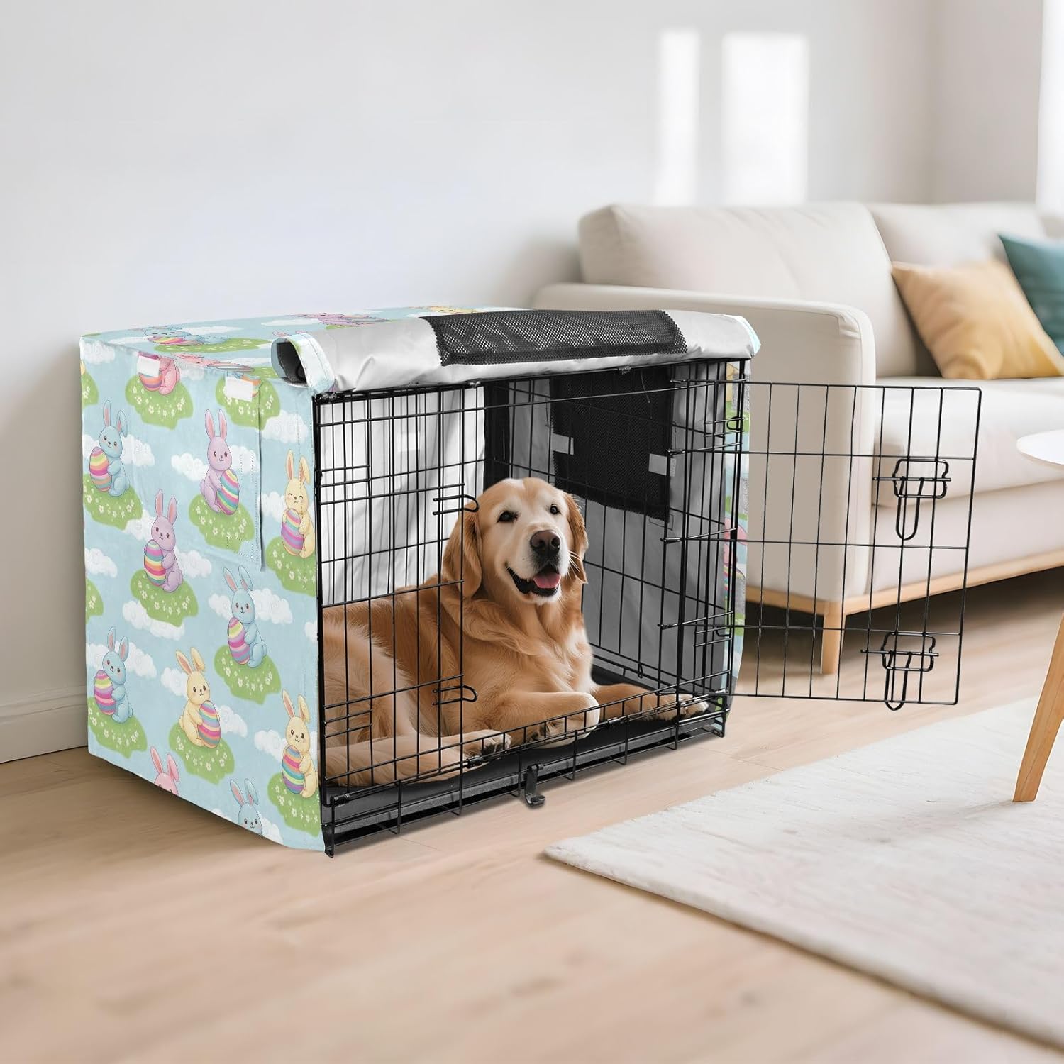 Cute Bunnies Easter Eggs Blue Pet Kennel Cover with Mesh Windows, Windproof Cage Cover, X-Large