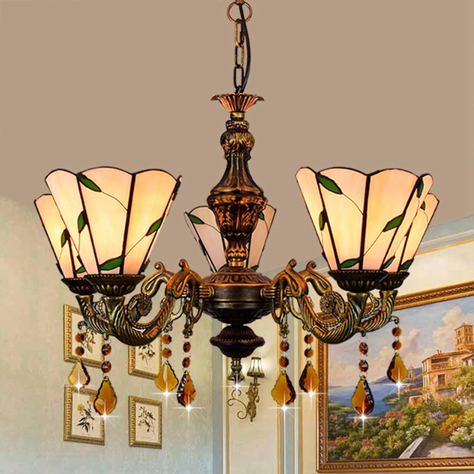 Żyrandol Witrażowy Tiffany, 5 Głowic 6 Cali Ciepłe Liście Lampa Sufitowa Wystrój W Stylu Vintage Kryształowa Lampa Wisząca Do Pokoju Sypialnia Restauracja Przedpokój