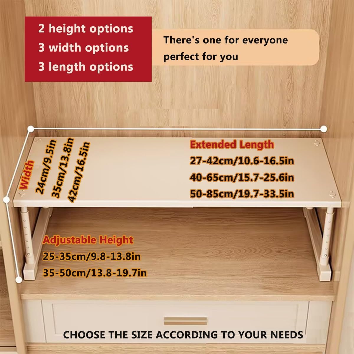 Expandable Kitchen Cabinet Shelves Organizer Stackable Closet Storage Shelf Rack Stand Riser for Wardrobe Kitchen Pantry Cupboard Bathroom(L40-65xW35xH35-50cm)