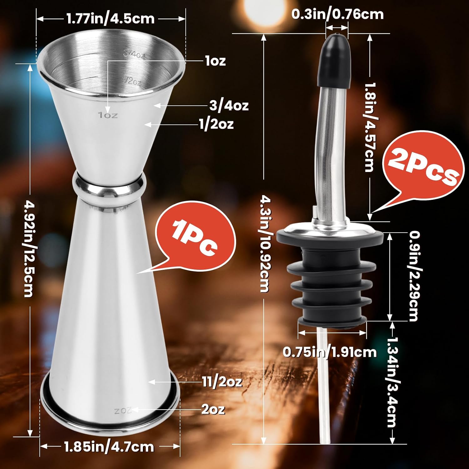 Stainless Steel Jigger for Bartending with 2 Pourers, Double Cocktail Jigger 2oz 1oz, Bar Jigger with 5 Inside Measurements, Shot Measure Cup, Bartender Accessories (1 Jigger + 2 Pour Spouts)