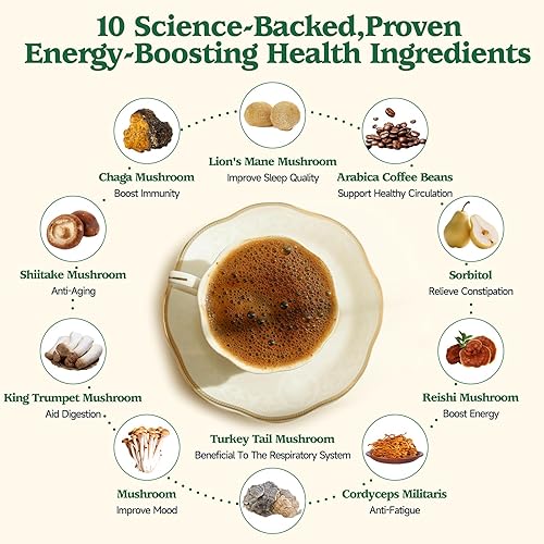 Miniatura 3 de Café de hongos 10 en 1 con arábica orgánica, melena de león, chaga, reishi y cordyceps, mezcla de hongos de 2000 mg, enfoque, energía y apoyo