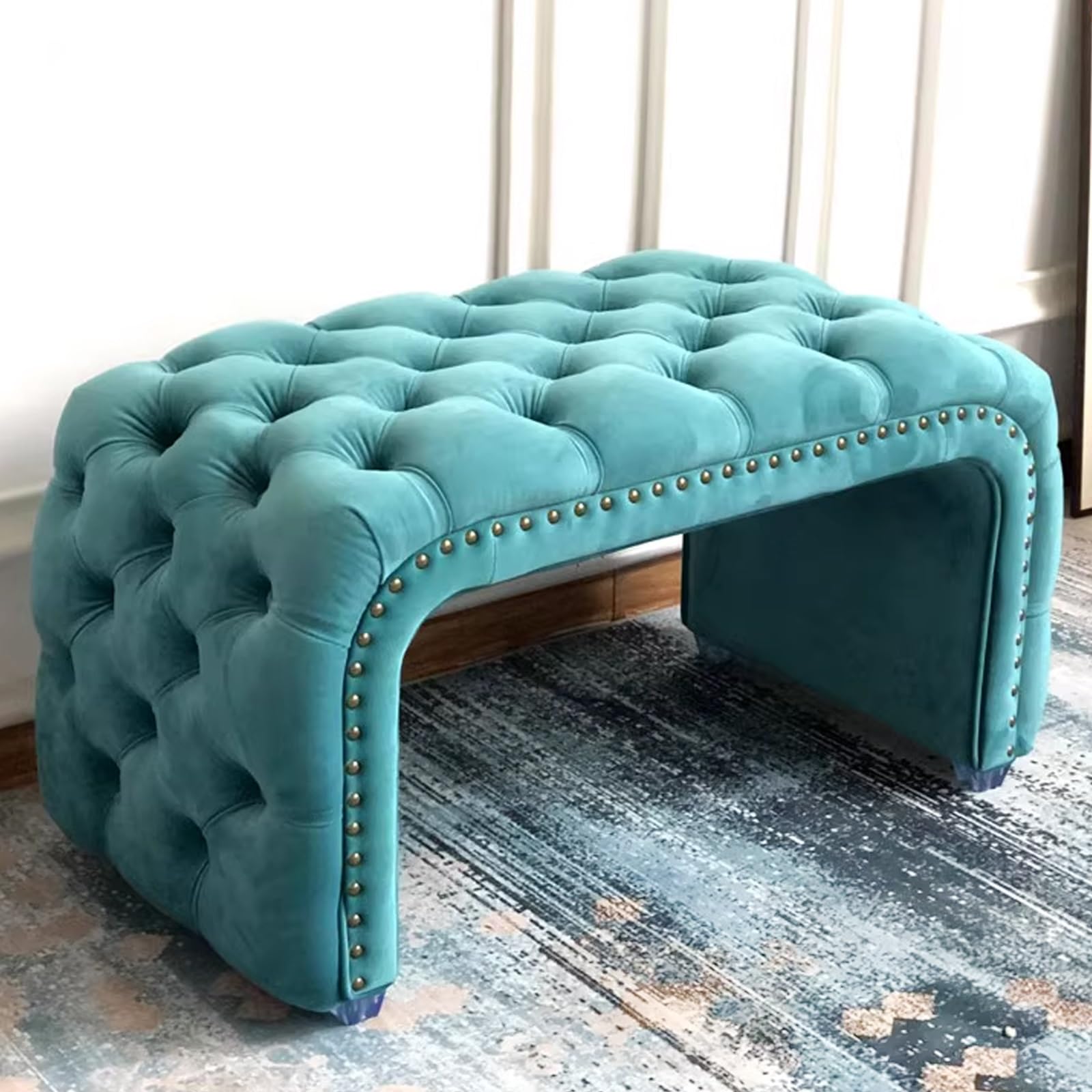MSHGSKU Modern Fabric Shoe Bench with Upholstered Footrest Tufted Ottoman for Living Room & Dining Room Blue 31.49in 80cm Stylish Entryway Storage Seat Nailhead Trim
