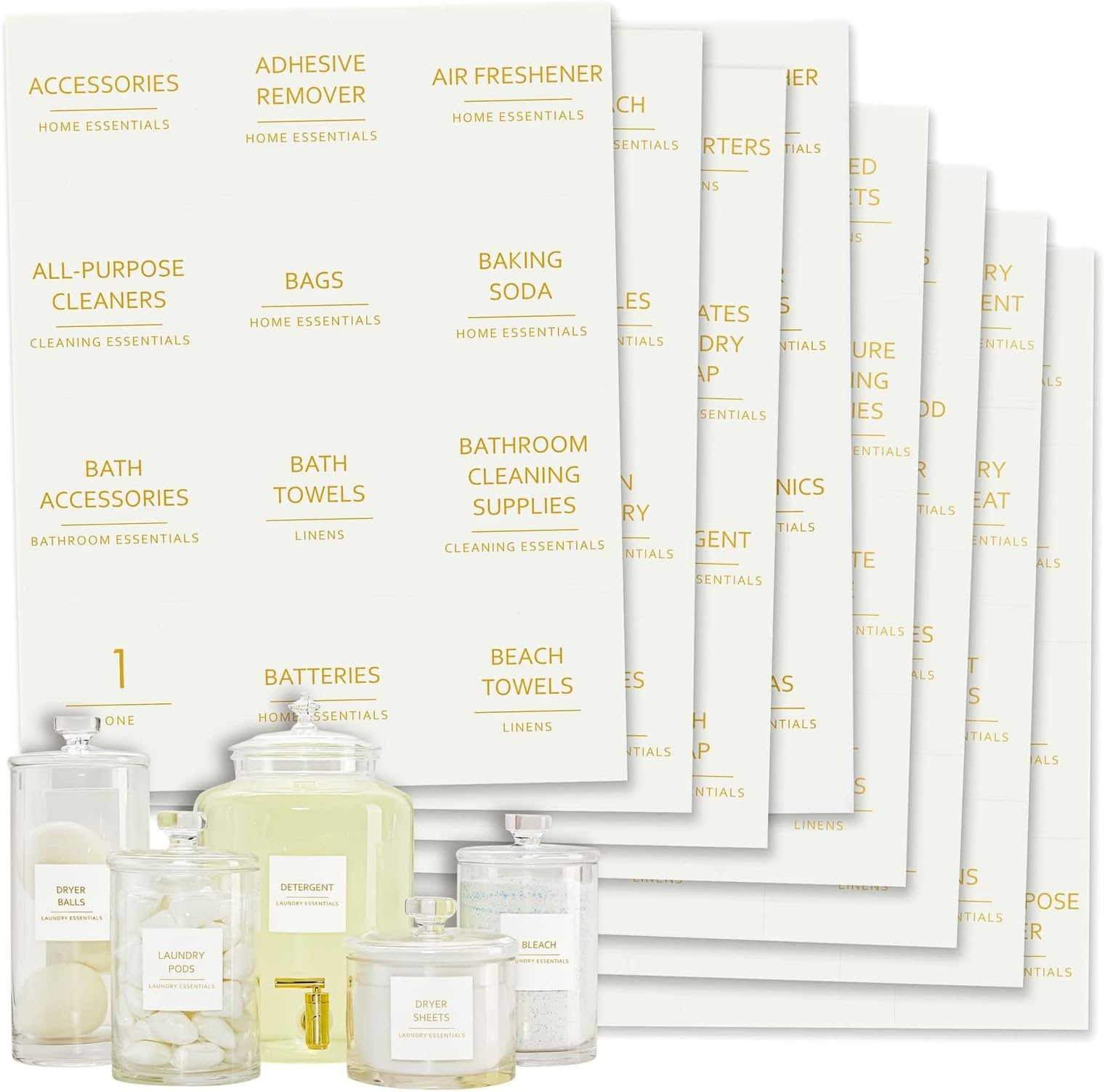 Talented Kitchen 144 Gold Laundry Room Labels Set Gold Print on White Matte Vinyl Water Resistant Vinyl 144 Laundry Closet and Detergent Stickers Organization Storage System