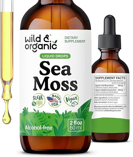 Miniatura 10 de Wild & Organic Gotas de musgo marino – Apoyo general con musgo marino irlandés y vejiga – Tintura multimineral Chondrus Crispus – Suplemento líquido