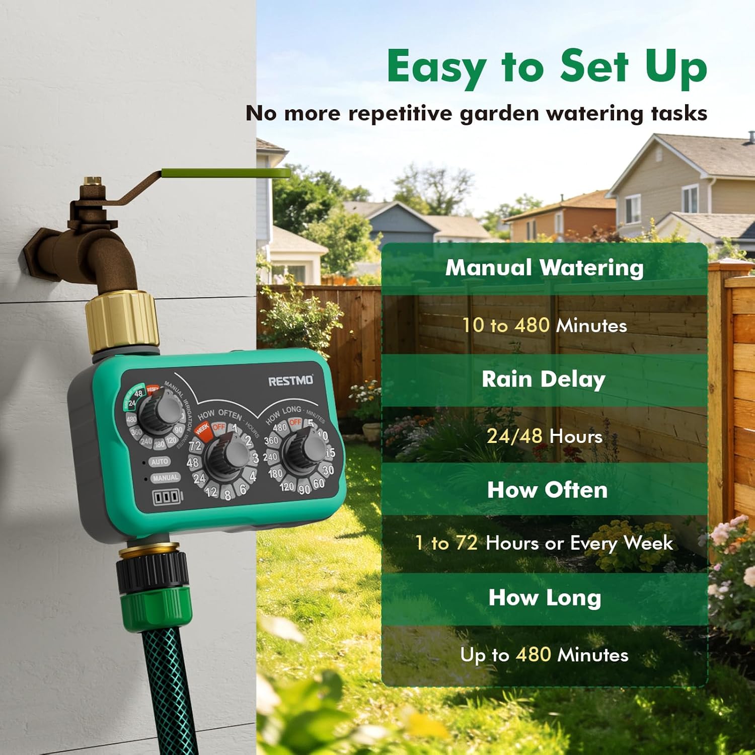 RESTMO 3-Dial Analog Sprinkler Timer with Brass Inlet & Outlet, Mechnical Water Timer for Garden Hose with Manual/Rain Delay, Automatic Drip Irrigation System, 480 Minutes Max Watering, Easy to Set Up