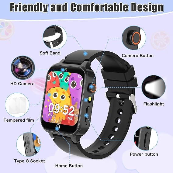 Zeacool Kids Smart Watch, Smart Watch Toys with 39 Games, Camera Video Recorder Music Alarm Calculator Calendar Pedometer Stopwatch Flashlight Gift Toys for 3-12 Years Old Boys and Girls (Black)