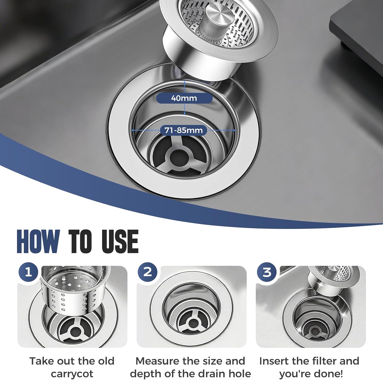 Sink Drain Strainer, Sink Stopper Kitchen Drain, Pop-Up Sink Drain Plug with Anti-Clogging Basket, Fits Standard 3-1/2''Sink Hole, Kitchen Sink Accessories (3PC)