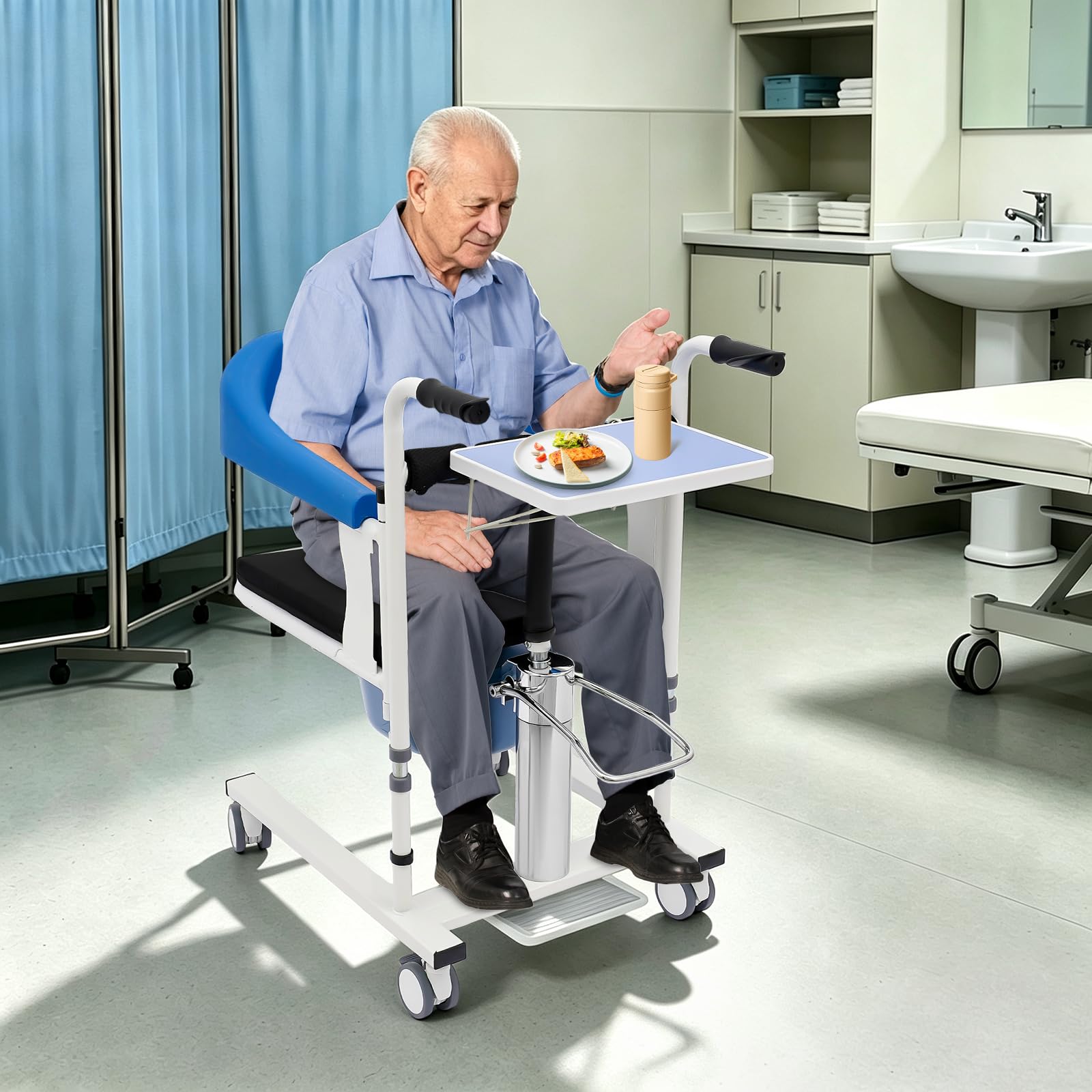 Sollevatore idraulico per pazienti, fino a 100 kg, altezza regolabile da 42 a 60 cm | Quattro ruote in TPE con freni e secchio rimovibile, schienale pieghevole a 180°, per anziani disabili (blu)