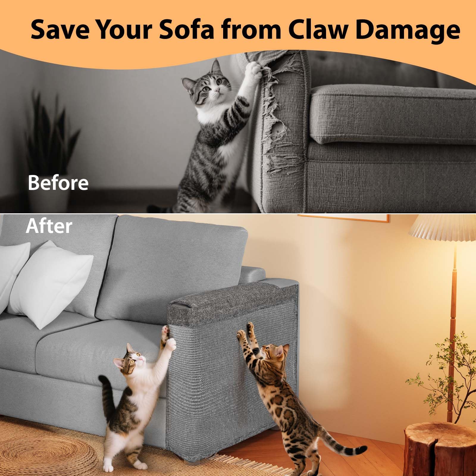Protector de arañazos de gato para sofá, protector de sofá más grande de garras de gato, apto para ambos lados del sofá, rascador de esquina de sofá con cobertura ampliada, almohadilla de sisal a