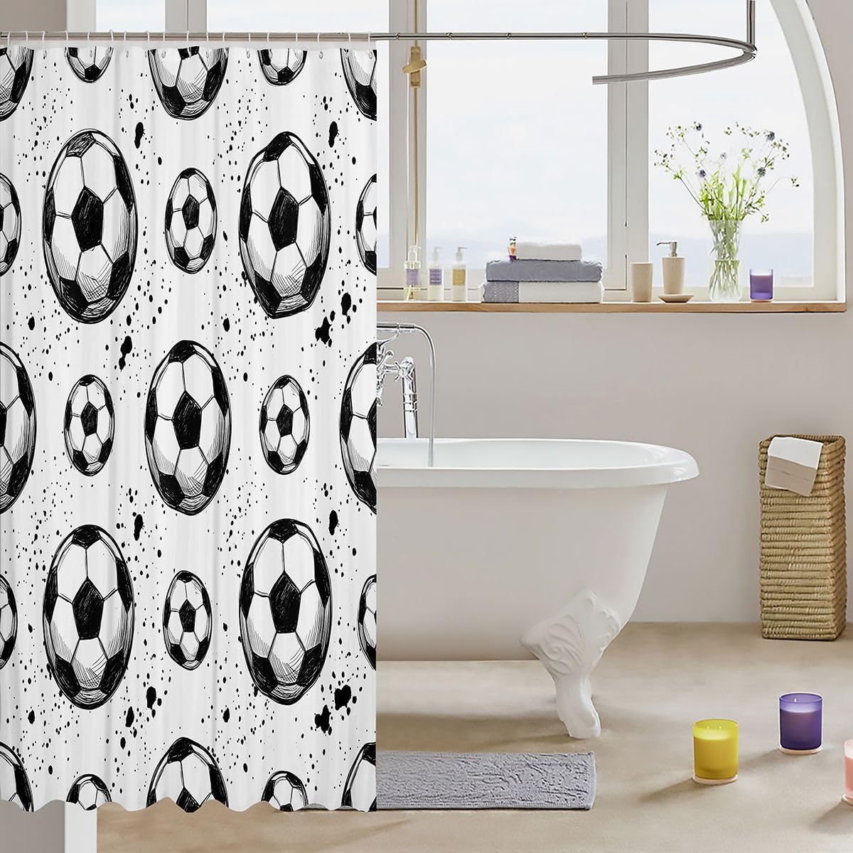 Feelyou Soccer Shower Curtains Football Bathroom Curtain for Kids Women Men Ball Games Bathroom Accessories Waterproof Polyester Fabric for Stalls Bathtubs 72"x72" image 3