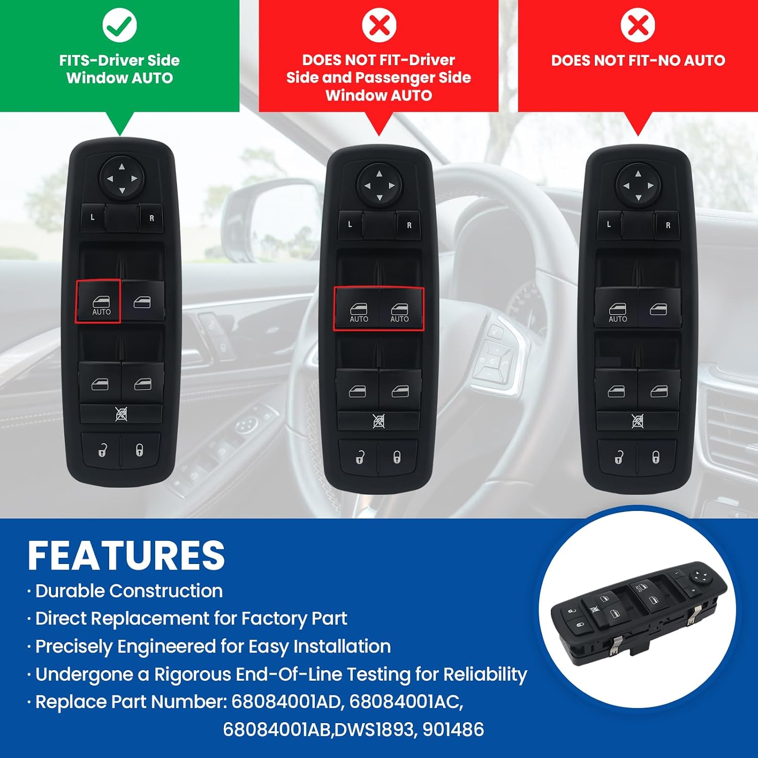 Master Power Window Switch Compatible with 2011-2016 Dodge Journey, 8+13 Pin Driver Side Controller, ABS/PP Housing, Light Blue Illumination, Replaces 68084001AD 68084001AC 68084001AB 4602632AH