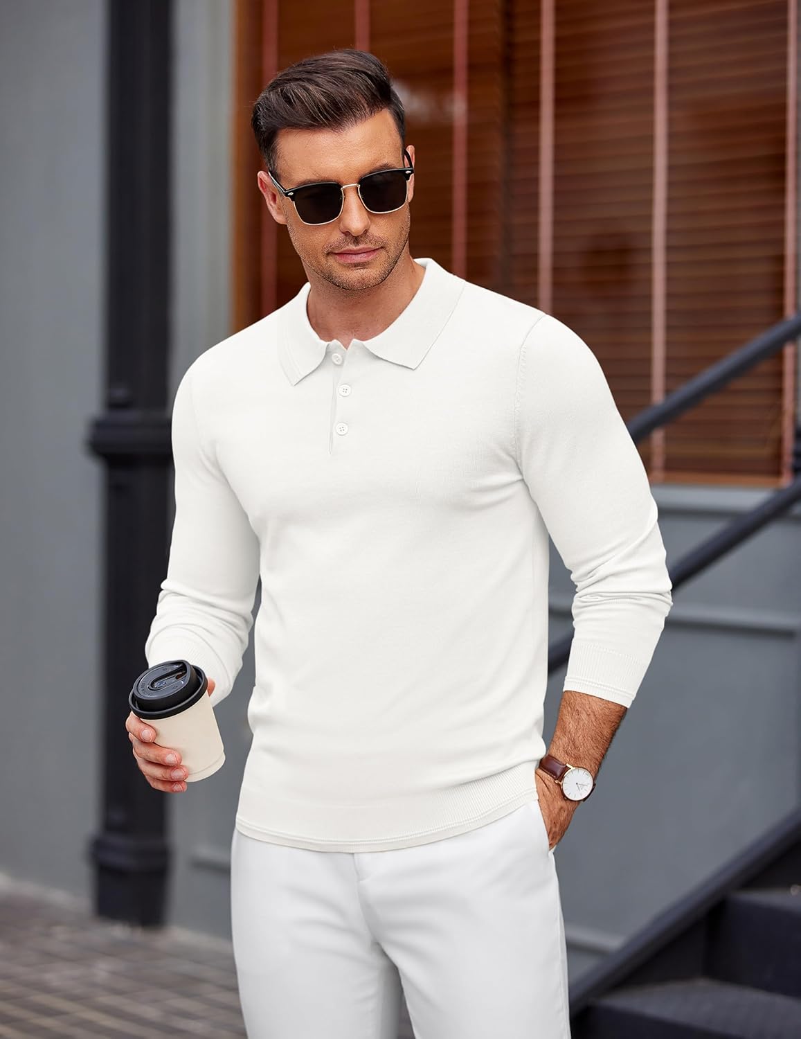 COOFANDY Mens Knit Polo Sweater Long Sleeve Casual Golf Polo Lightweight Dress Button Collar Pullover Sweaters - Image 3