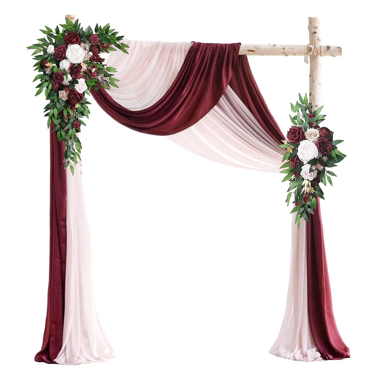 Emivery Wedding Arch Flowers with Drapes Kit (Pack of 4), 2pcs Burgundy Flower Swag with 2pcs Draping Fabric Rustic Flower Arrangement for Wedding Ceremony Arbor and Reception Backdrop Floral Decor