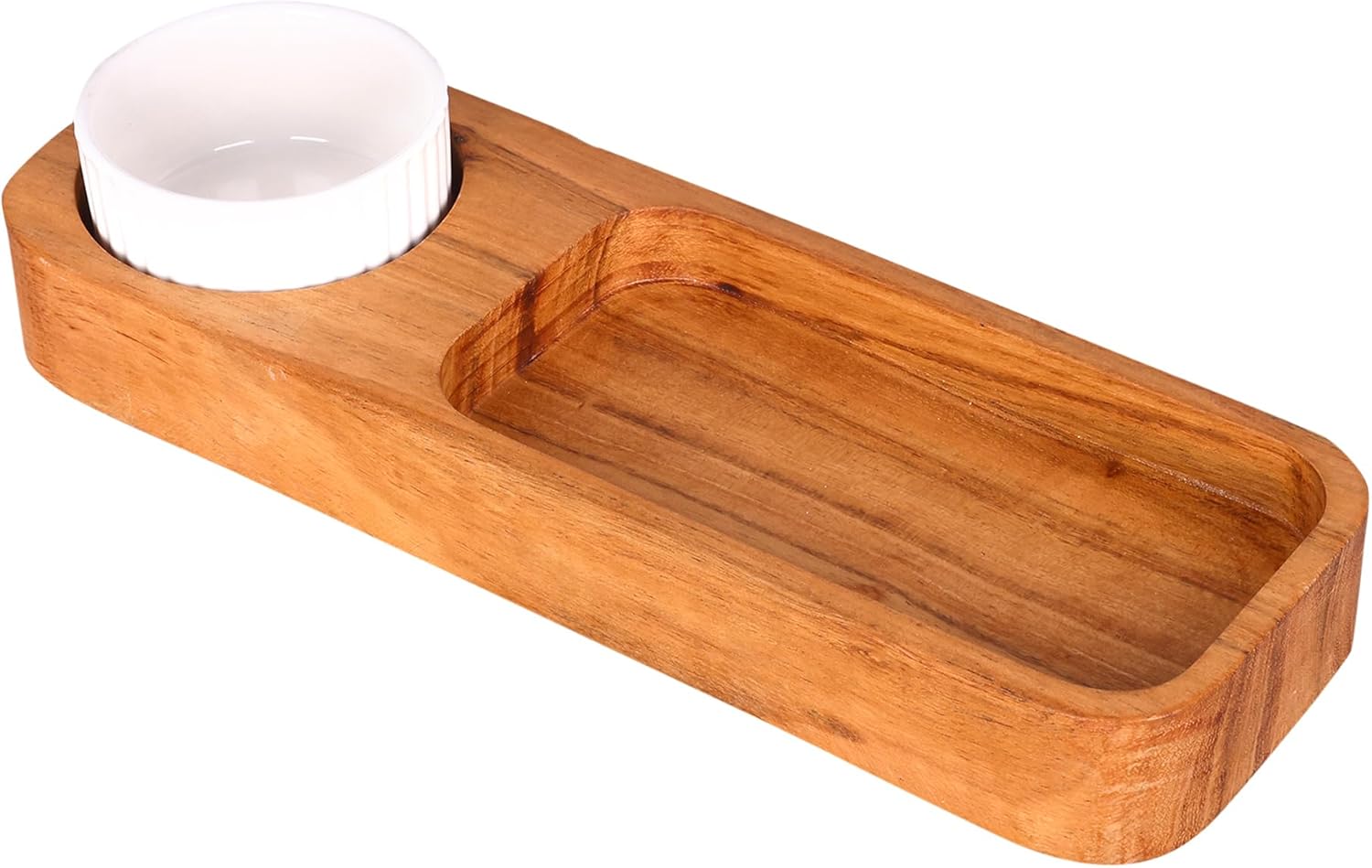 GoCraft Acacia Wood Partition Serving Platter – 12 x 4 Inch – with Ceramic Dip Bowl | Rustic Wooden Snack Tray with Sectioned Compartments for Chips, Nachos, Cheese, Fruits, Appetizer | Natural Finish