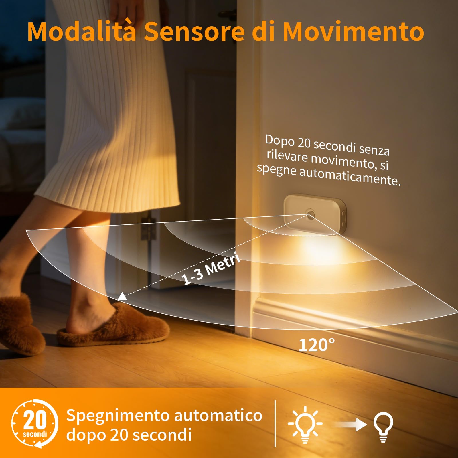 Luce Notturna con Sensore di Moviment, 4 Pezzi Ricaricabile Luci notturne Auto/Off/Night Modalità, Luminosità Regolabili, 2700K Bianco Caldo Luce Bambini per Scale Corridoio Camera da Letto Soggiorno