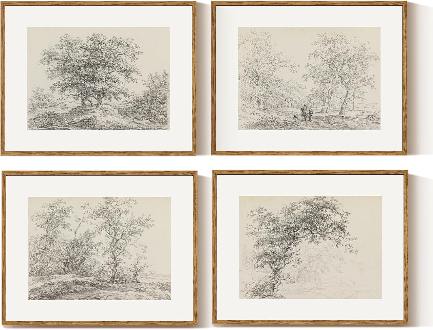InSimSea 4 pcs Framed Wall Art, Vintage Sketch Tree Canvas Prints, Bathroom Kitchen Beige White Decor, Neutral Toned, Rustic Nature Shelf Decor, Small Size,11x14in