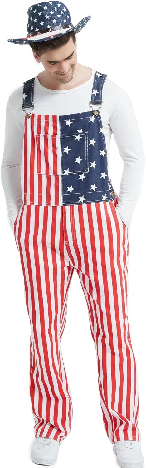 Men's American Flag Overalls Denim Bib 4th of July Patriotic USA Jumpsuit Adjustable Straps Red Striped Blue Star(Flag 3XL) - Image 2
