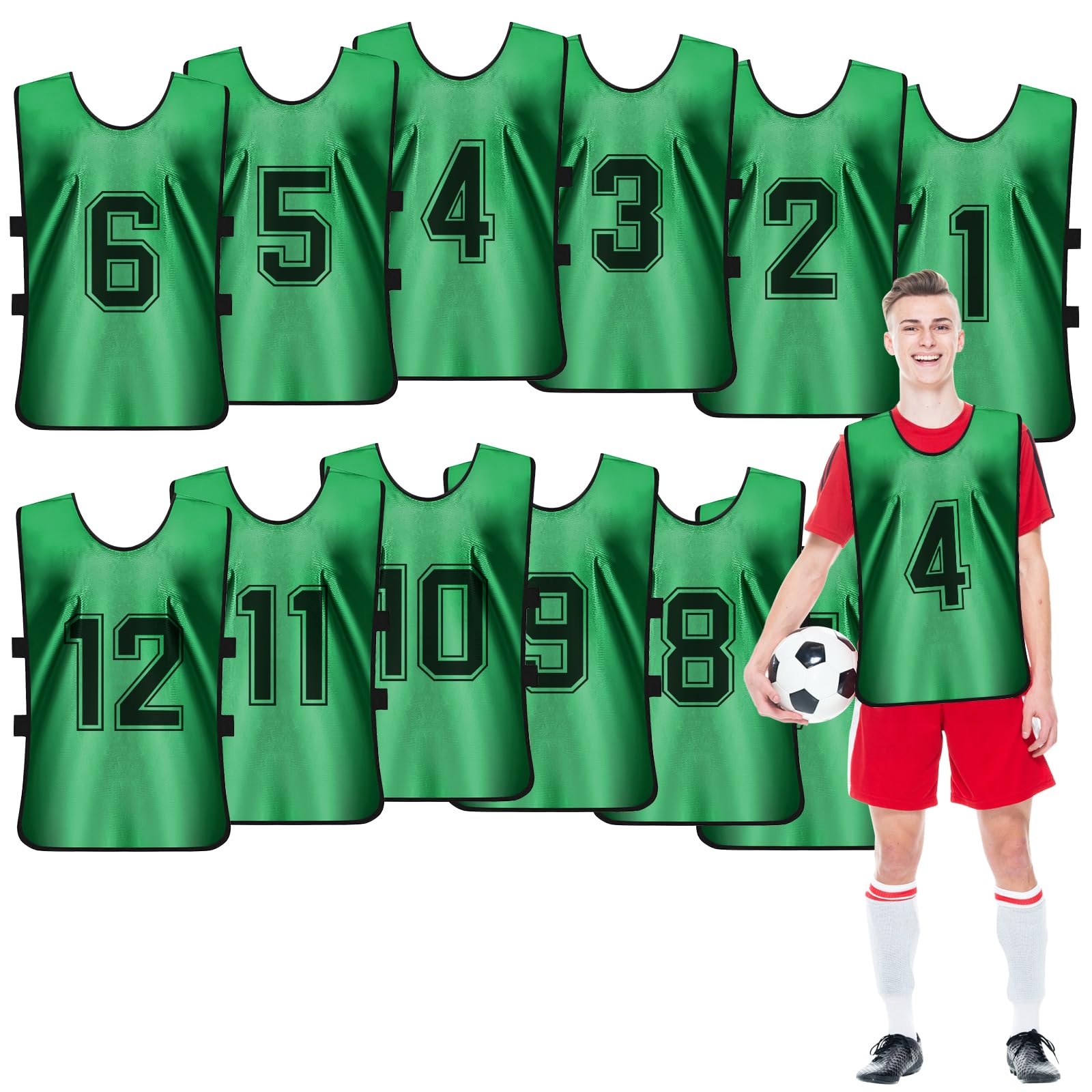 12 Pack Grass Green Football Training Bibs, Numbered Scrimmage Vest for Adults and Youth, Breathable Practice Sports Pinnie for Soccer Basketball Football