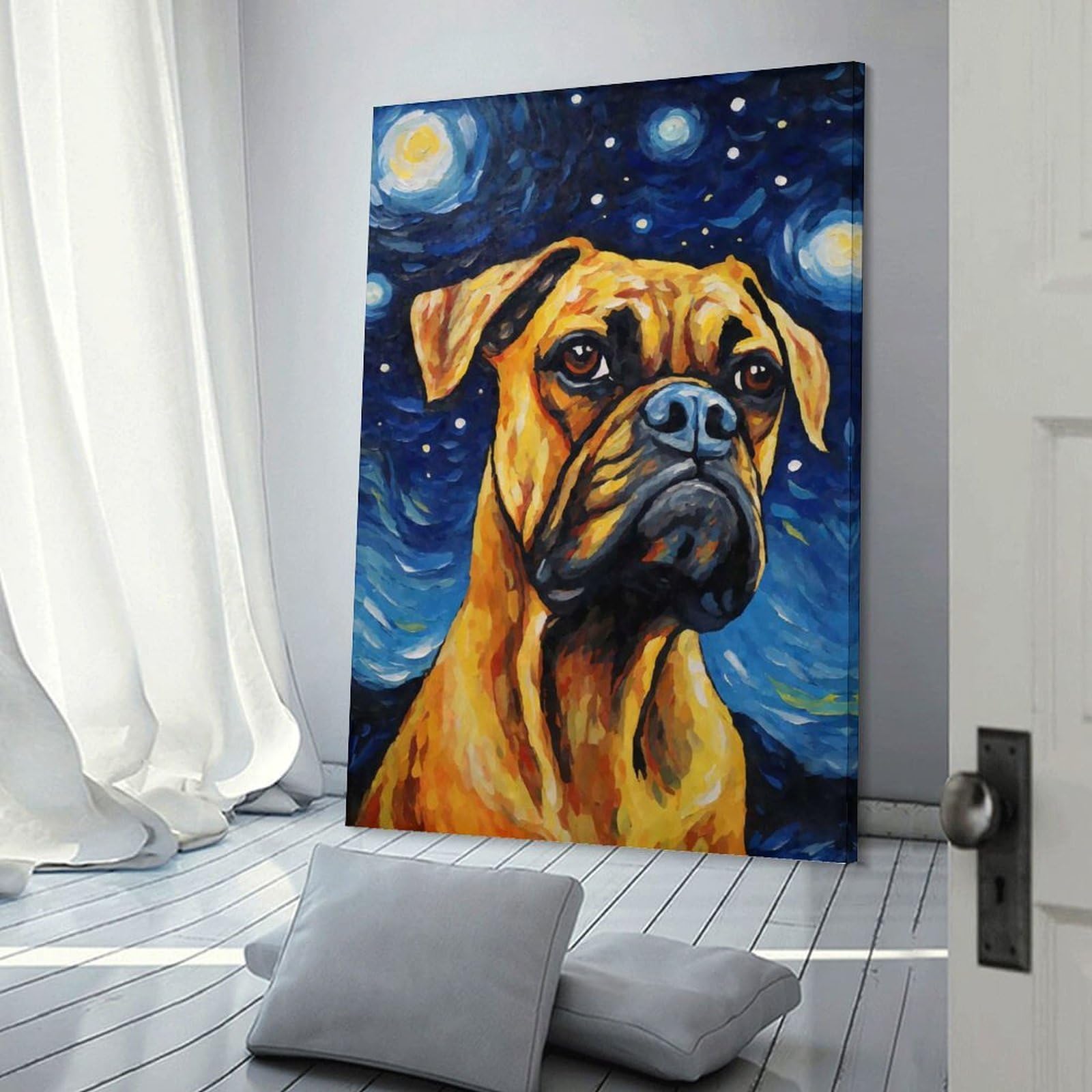 Junmoney Frame-Style-8 Boxer Dog Starry Night Room Decor Wall Art 24X36inch(60X90cm), For Lounge Decor, Offices Or Entryway Styling, A Flexible Wall Accent For Shared Spaces