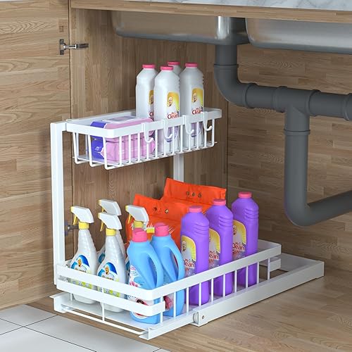 IncepKick Organizador y almacenamiento para debajo del fregadero en forma de L ajustable en altura para cocina y baño, estante debajo del fregadero