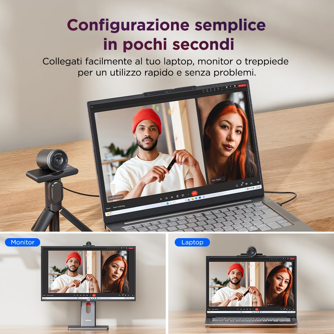Lenovo QHD Webcam, webcam QHD per PC e notebook per videochiamate e smart working, plug and play per meeting online
