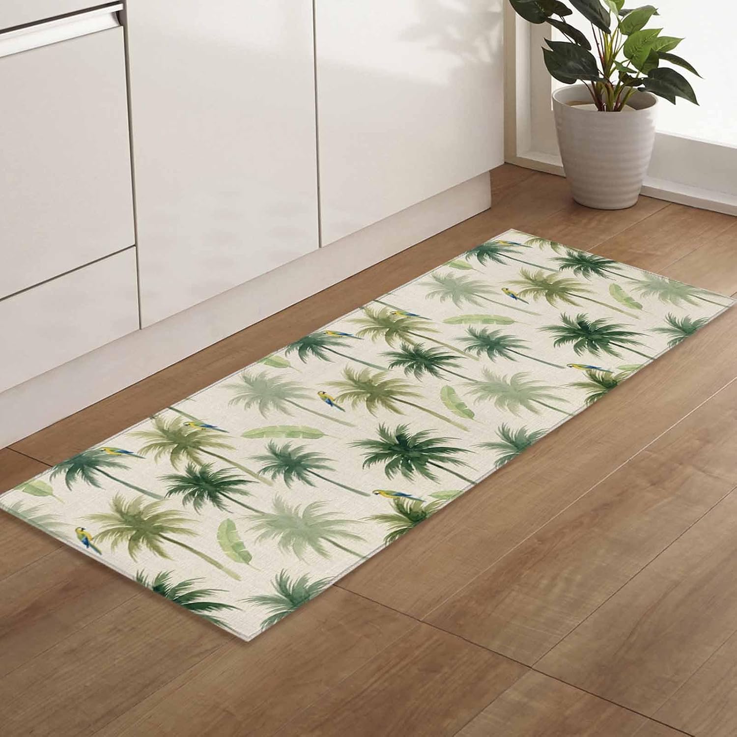 Teamery Kitchen Mats for Floor Summer Coastal Green Palm Tree Birds Washable Non Slip Kitchen Rugs 1PCS, Vintage Linen Absorbent Standing Mats for Sink Bathroom Office Living Room 23.6x70.9in