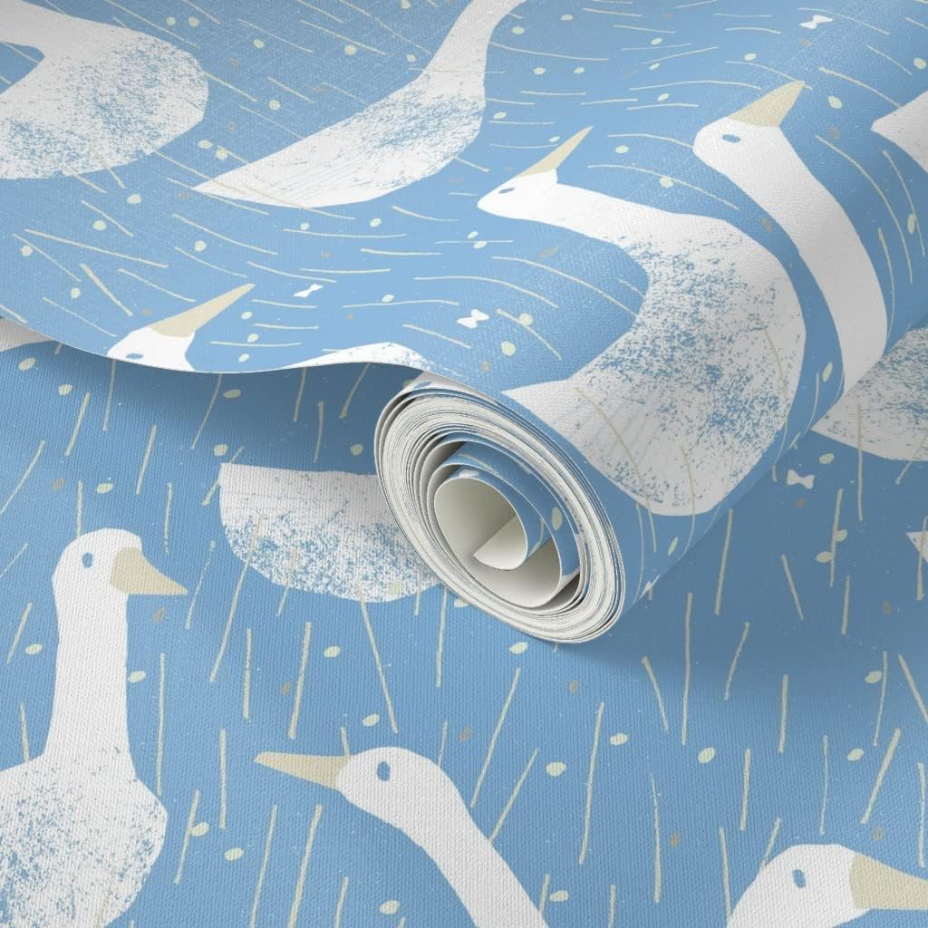 Peel & Stick Wallpaper 9ft x 2ft - Sky Horizontal Shapes Outdoors Family Bright Modern Farmhouse White Animal Bird Goose Meadow Blue Custom Removable Wallpaper by Spoonflower