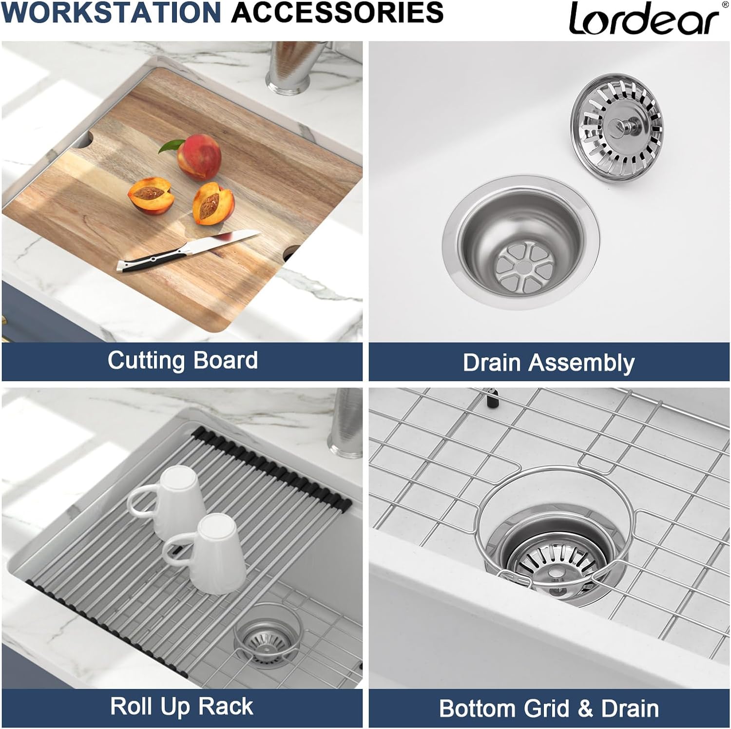 Lordear 18 Inch Granite Composite Bar Sink - 18"x18" Undermount Kitchen Sinks White Single Bowl Under Counter Ledge Workstation Bar Prep RV Sink Basin