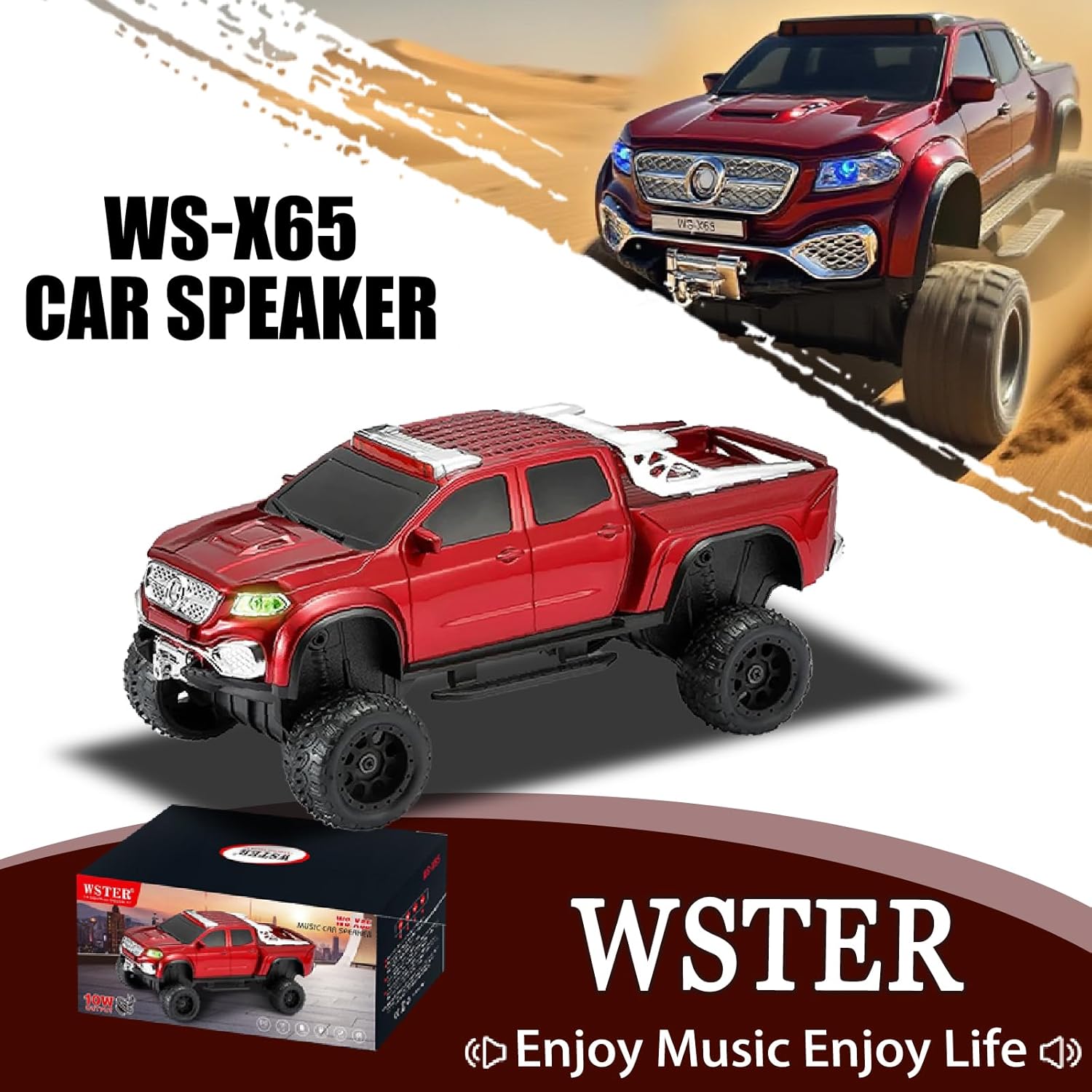 WS-X65 Pickup Truck Replica Bluetooth Speaker – HD Sound, FM Radio, TWS Stereo, LED Party Lights, USB/TF Playback, Built-in Mic – Cool Portable Car Design Speaker for Outdoors & Home (Red)