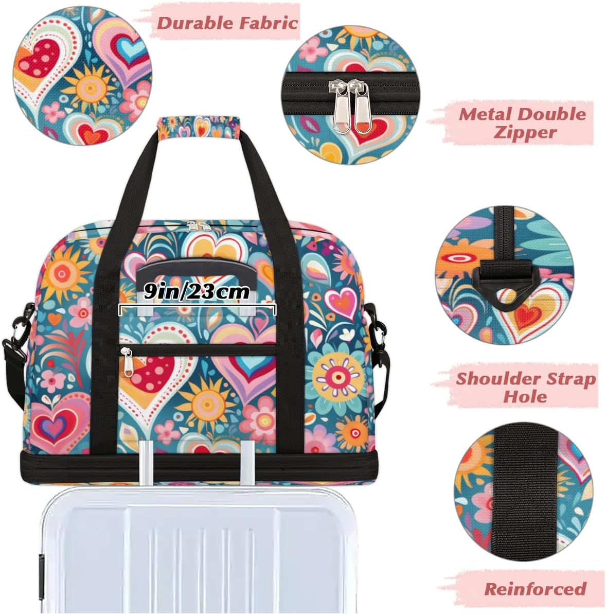 QsirBC Love Theme Decor Gym Bag for Women Duffle Tote with Shoes Compartment Men Weekender Duffel for Dance Travel Sports Swimming Overnight