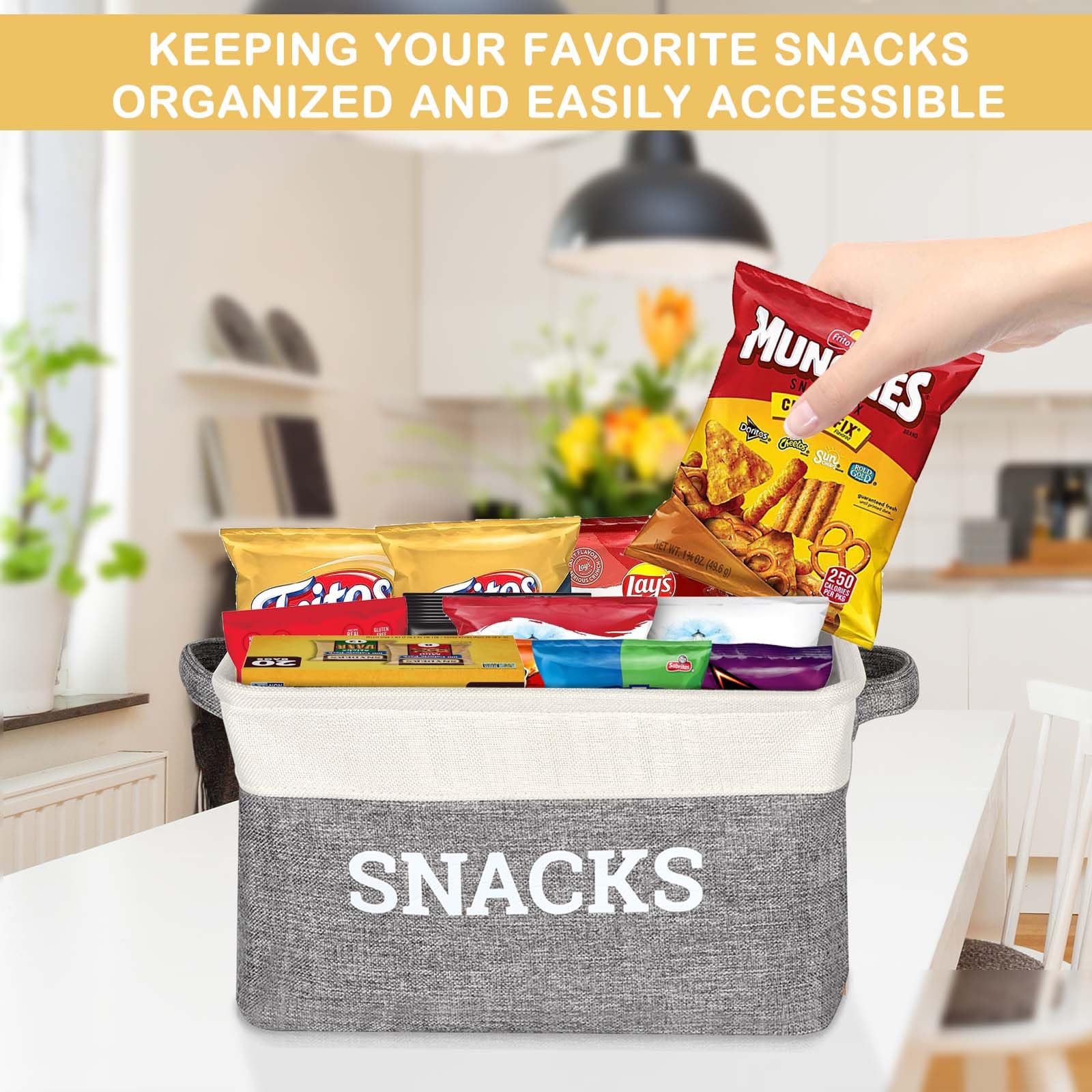 Lukeline Cesto Organizer Per Snack In Tessuto Con Manici, Scritta 'SNACK', Piegevole E Salvaspazio, 38x27x24 Cm, Per Dispensa, Cucina E Ufficio - 3