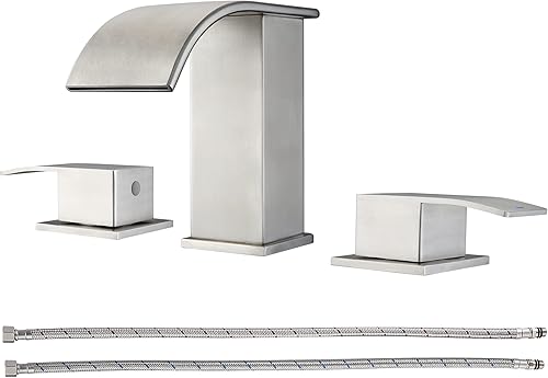 Grifo de baño de cascada de níquel cepillado, grifos de baño generalizados para fregadero de 3 agujeros, grifo de fregadero de baño de 2 asas de 8