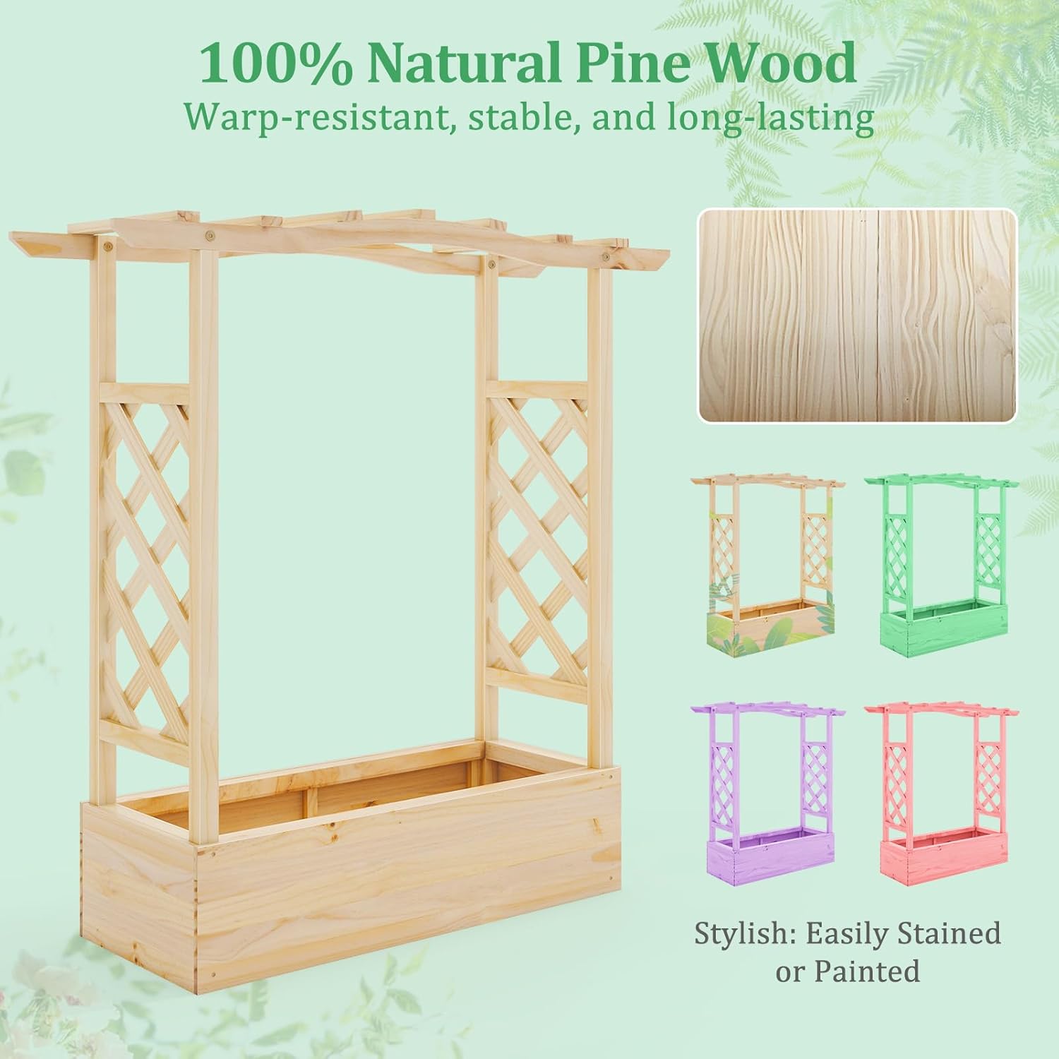HAPPYGRILL Raised Garden Bed with Trellis, Wood Planter Box w/Hanging Roof, Drainage System, Elevated Garden Box for Climbing Vine, Outdoor Planter w/Trellis for Patio Balcony, 44" x 14" x 45"