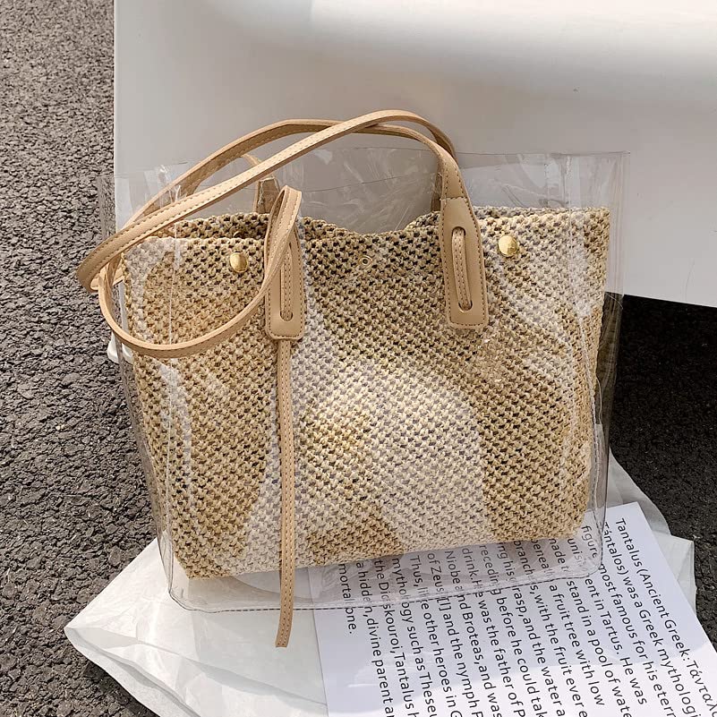 Sommer transparente Strohtasche große Kapazität Rattan Umhängetasche gewebte handgemachte Tragetasche Strandtasche Einkaufstasche(Beige)