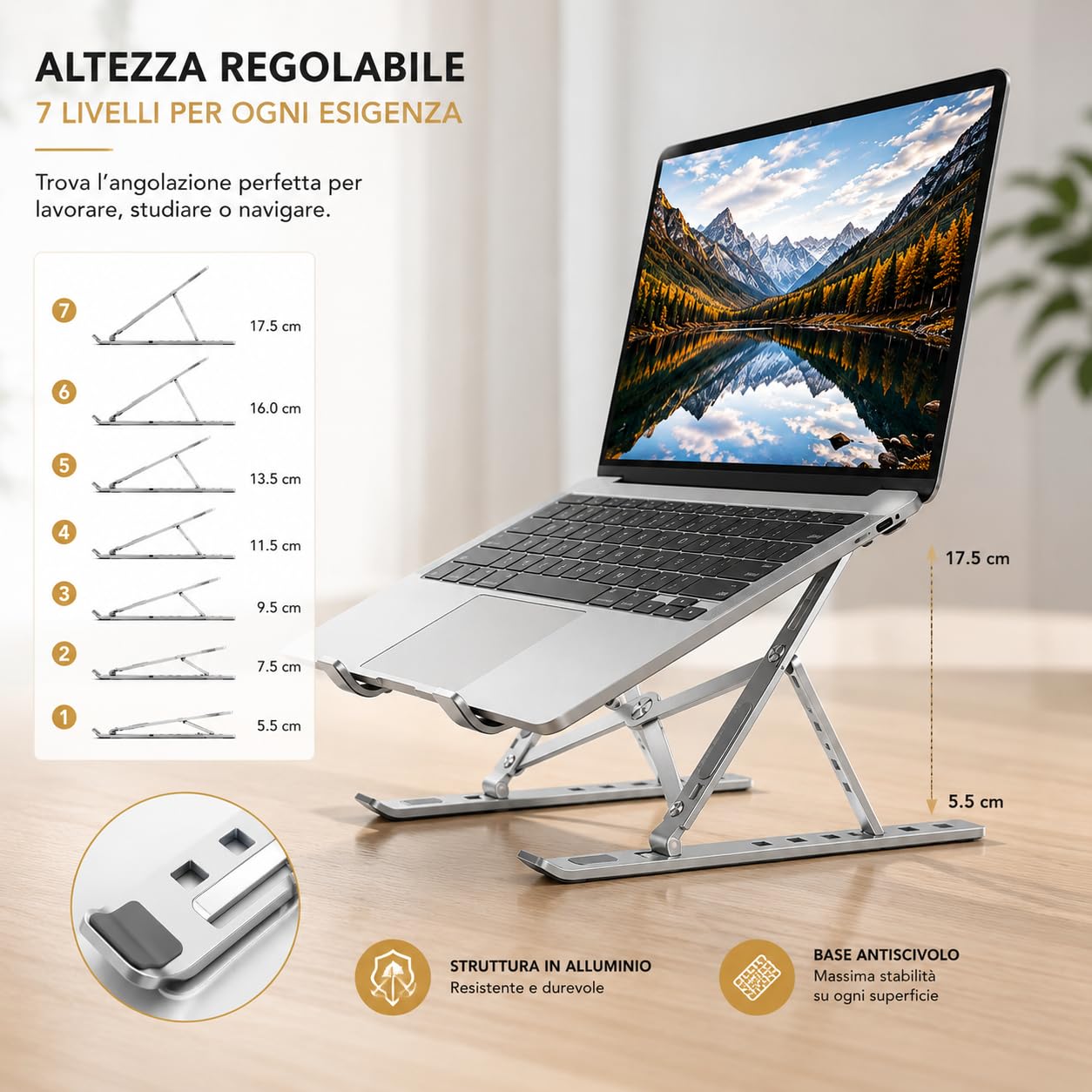 Ali Brothers Supporto per Laptop in Alluminio, Pieghevole e Portatile, Regolabile a 7 Livelli, Antiscivolo, Grigio, Finitura Metallica Anodizzata (supporto da laptop)