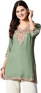 Embroidered Kashmiri Tunic Top, Short Kurti for Women on Jeans, V-Neck, 3/4 Sleeve, Floral Design, - 80% OFF Deal at ₹469 on Amazon | Valzo