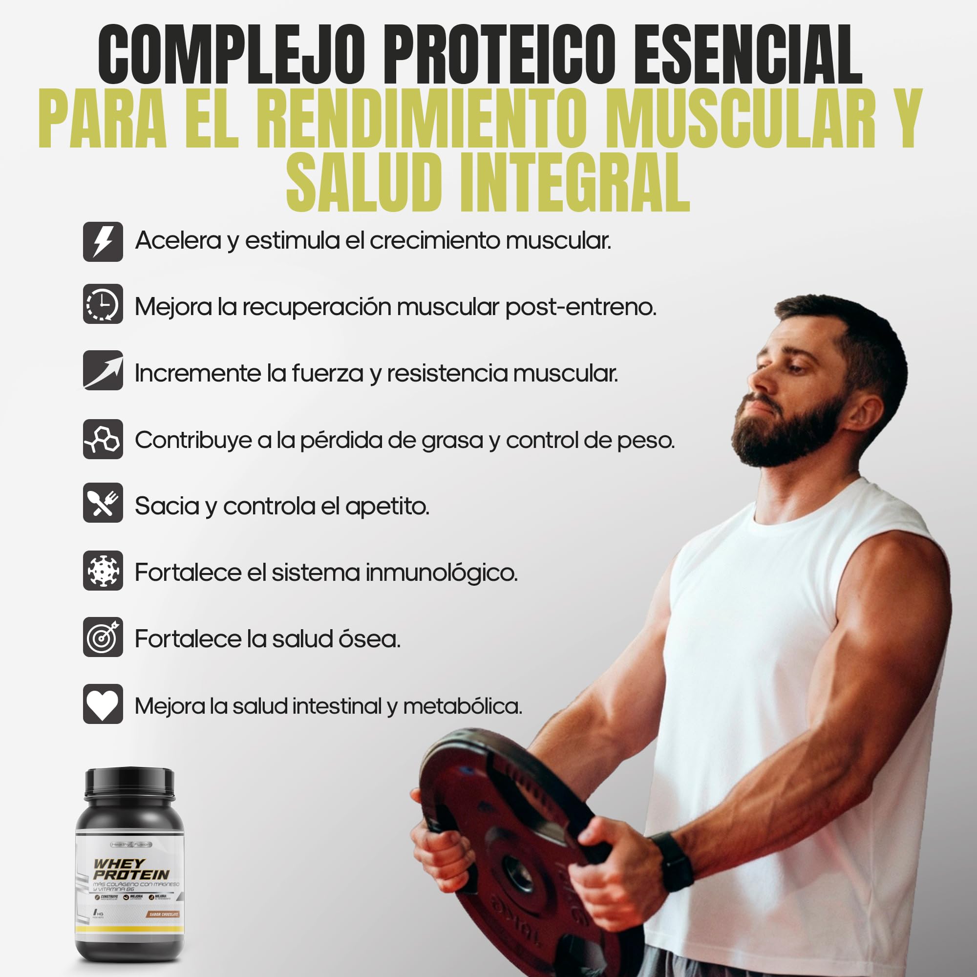 Whey Protein 1KG | 43g Proteína/dosis | Proteína en polvo, BCAA, Glutamina, Colágeno, Magnesio y Vitamina B6 | Aumenta Masa Muscular, Fuerza, Recuperación | Alta Disolución, Fácil Digestión Chocolate