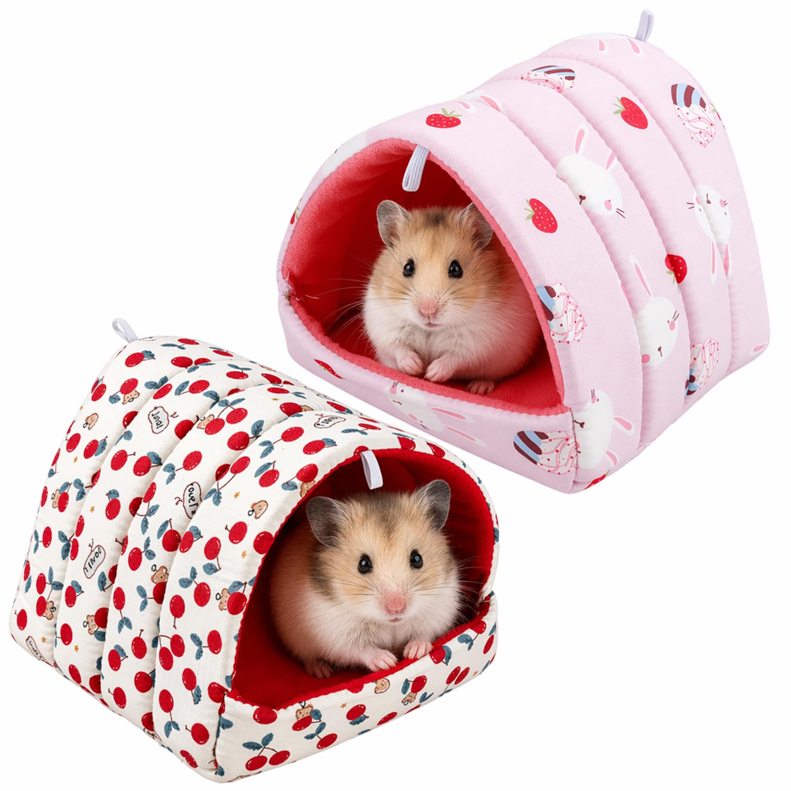 IAndhy 2Pcs Guinea Pig Bed, with Pink Small Bag and Red Cherry Design, Winter Warmth Solution for Small Pets, Cozy Sleeping Hideout for Guinea Pigs and Other Small Animals